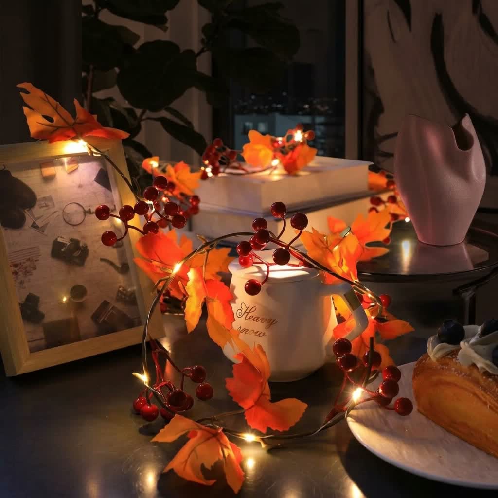 Fall Maple Leaf Garland Lights Decor - Artificial Fall Leaves Vine For Thanksgiving Decor - Maple & Red Fruit - image 5