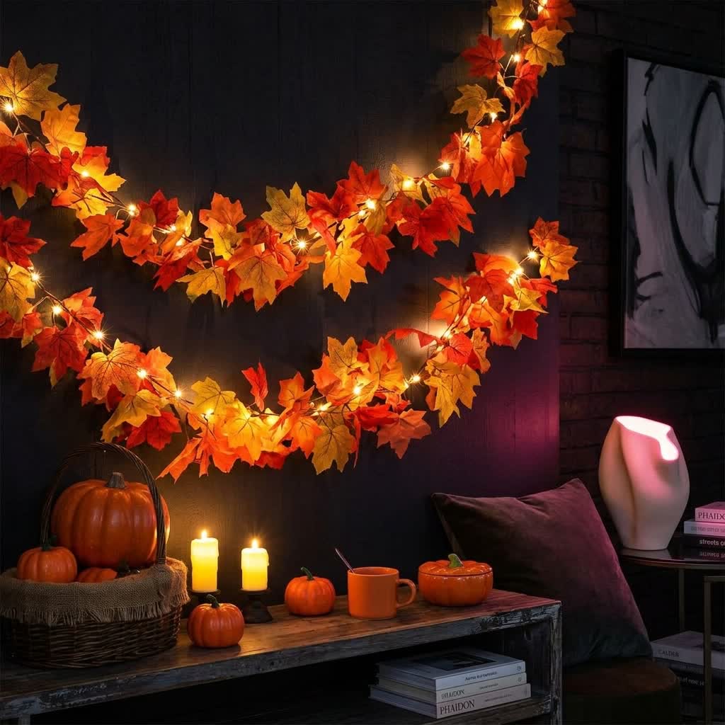 Fall Maple Leaf Garland Lights Decor - Artificial Fall Leaves Vine For Thanksgiving Decor - image 1
