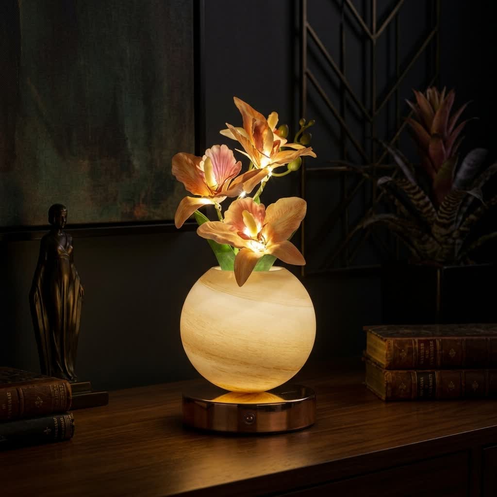 Moon Bloom Orchid Flower Lamp Decor - LED Artificial Orchid With Glass Globe Vase - Champagne - image 1