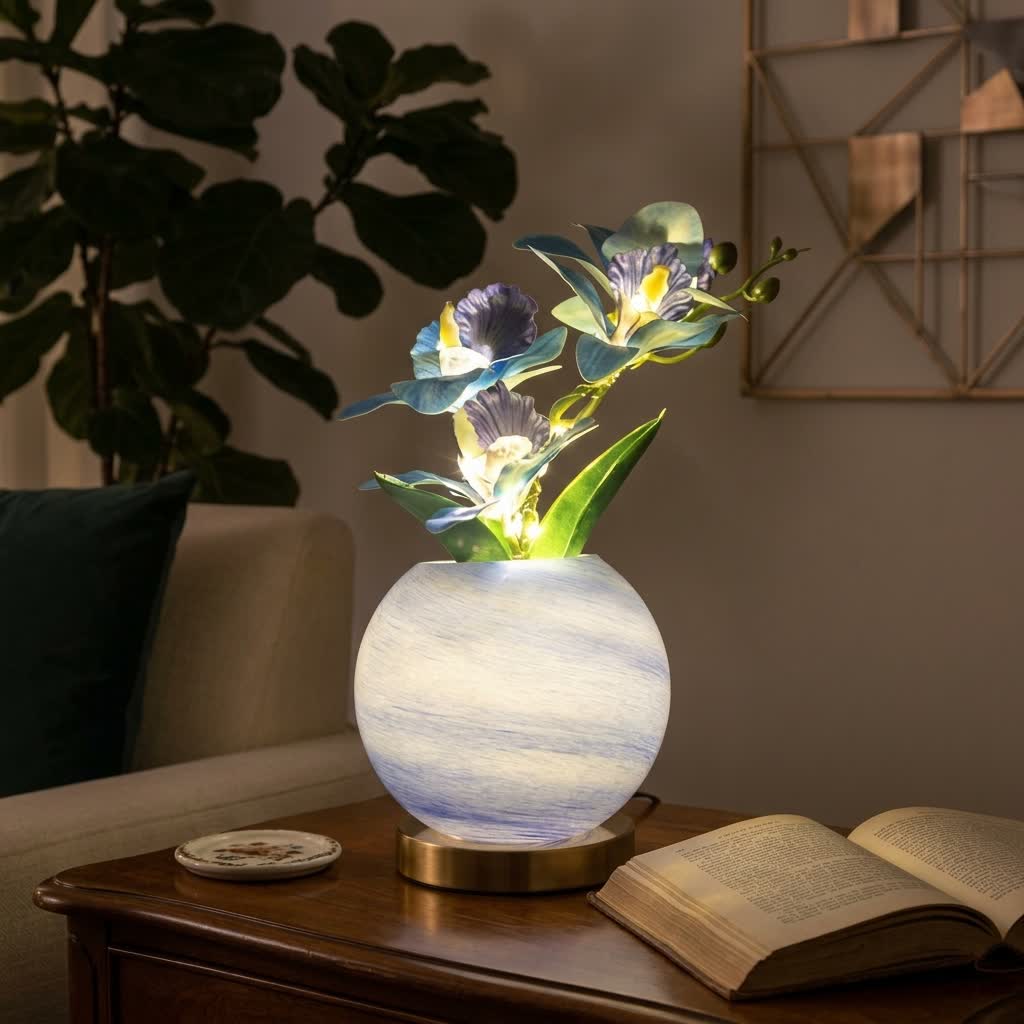 Moon Bloom Orchid Flower Lamp Decor - LED Artificial Orchid With Glass Globe Vase - Blue - image 5