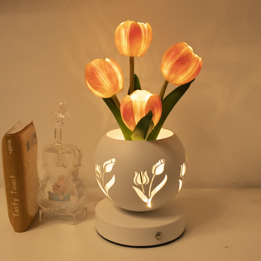 Tulip Flower 3-Color Dimmable LED Lamp Decor - Glowing Artificial Tulip With Vase Night Light - Orange - image 0