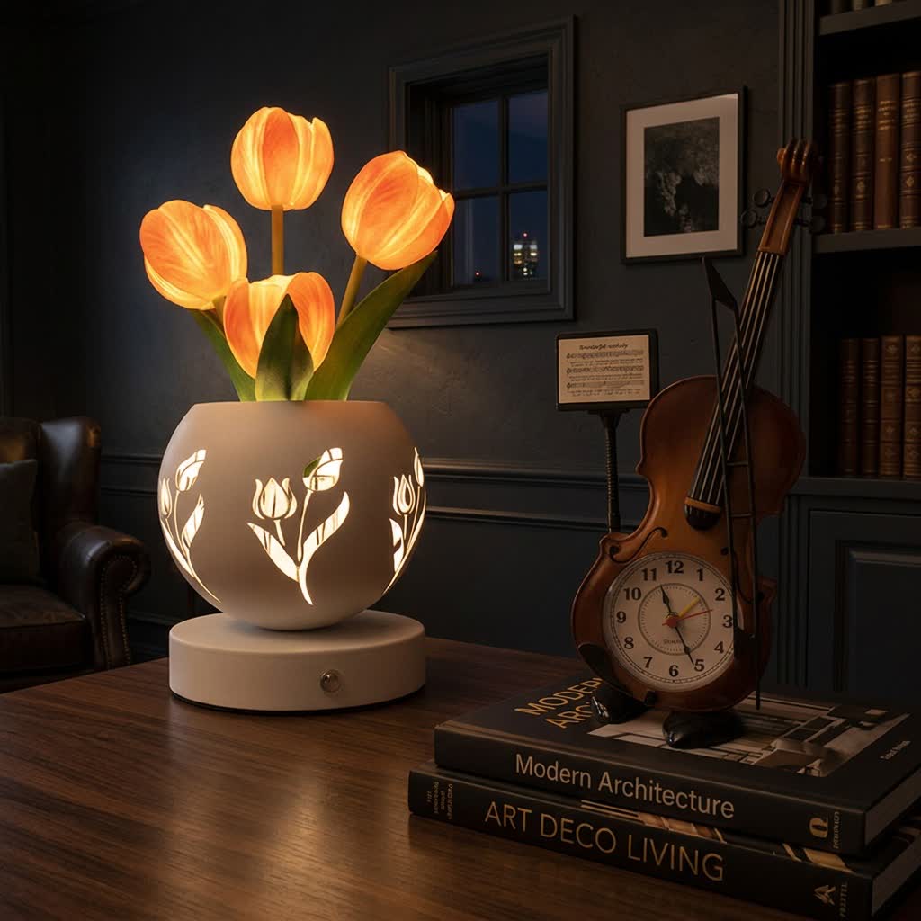 Tulip Flower 3-Color Dimmable LED Lamp Decor - Glowing Artificial Tulip With Vase Night Light - image 1