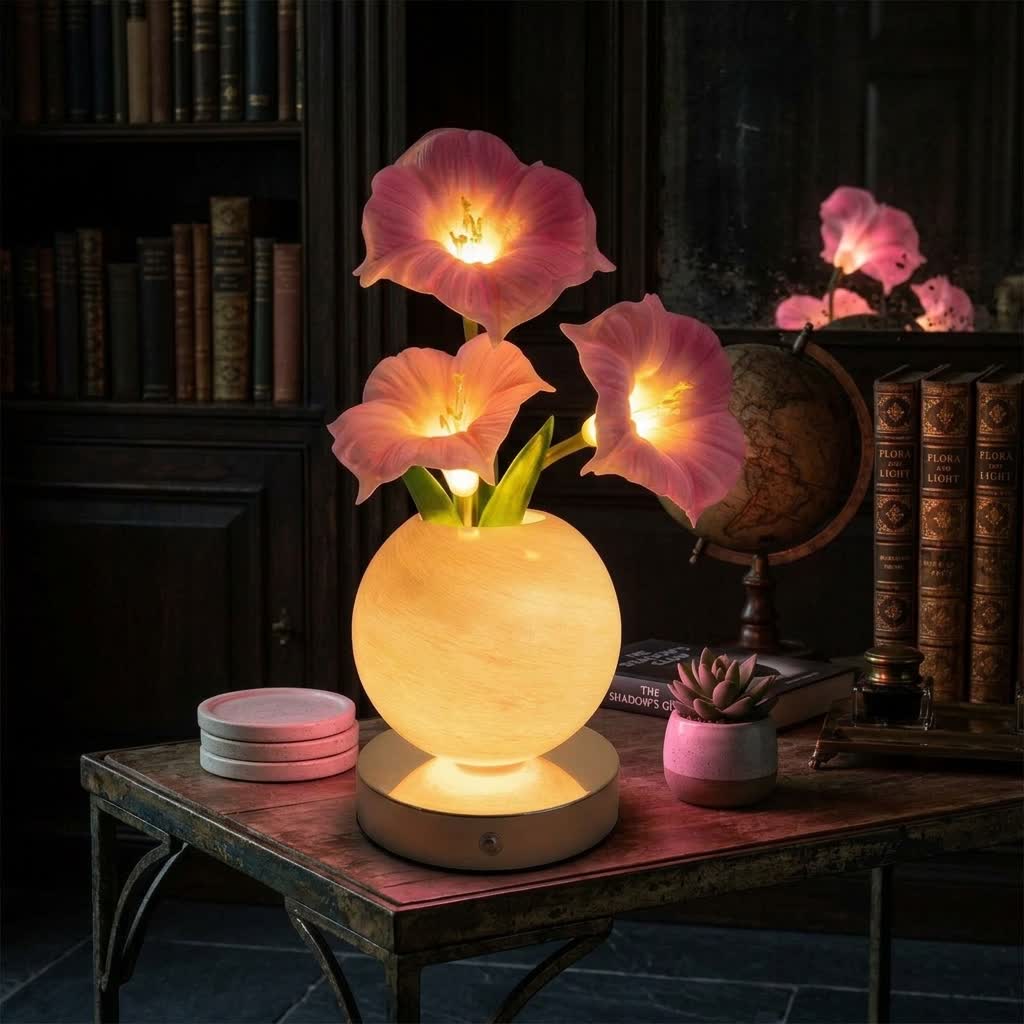 Glowing Morning Glory Flower Bouquet LED Lamp - Rechargeable Flower Lamp Decor With Vase - Pink - image 0