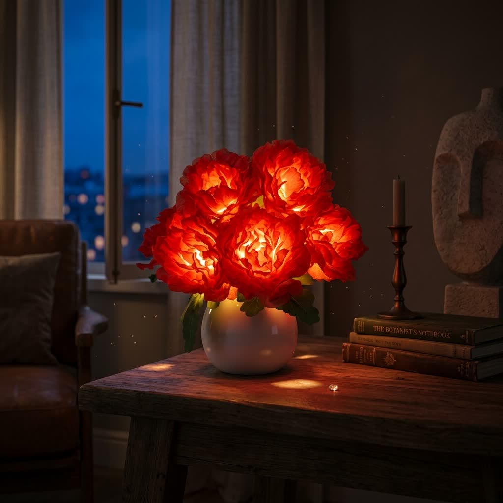 Eternal Peony Flower Pot LED Lamp - USB Rechargeable Glowing Peony Table Lamp - Red - image 11