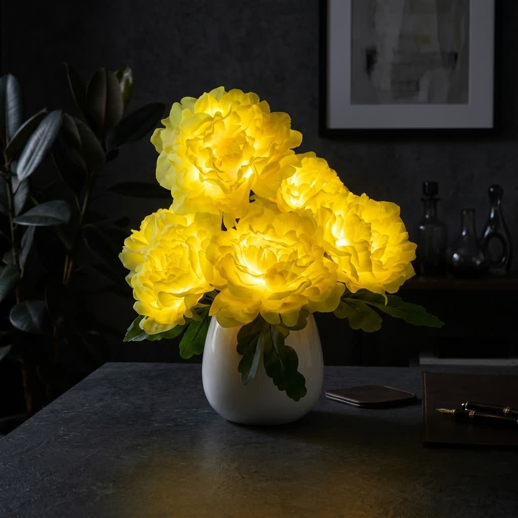 Eternal Peony Flower Pot LED Lamp - USB Rechargeable Glowing Peony Table Lamp - Yellow - image 7