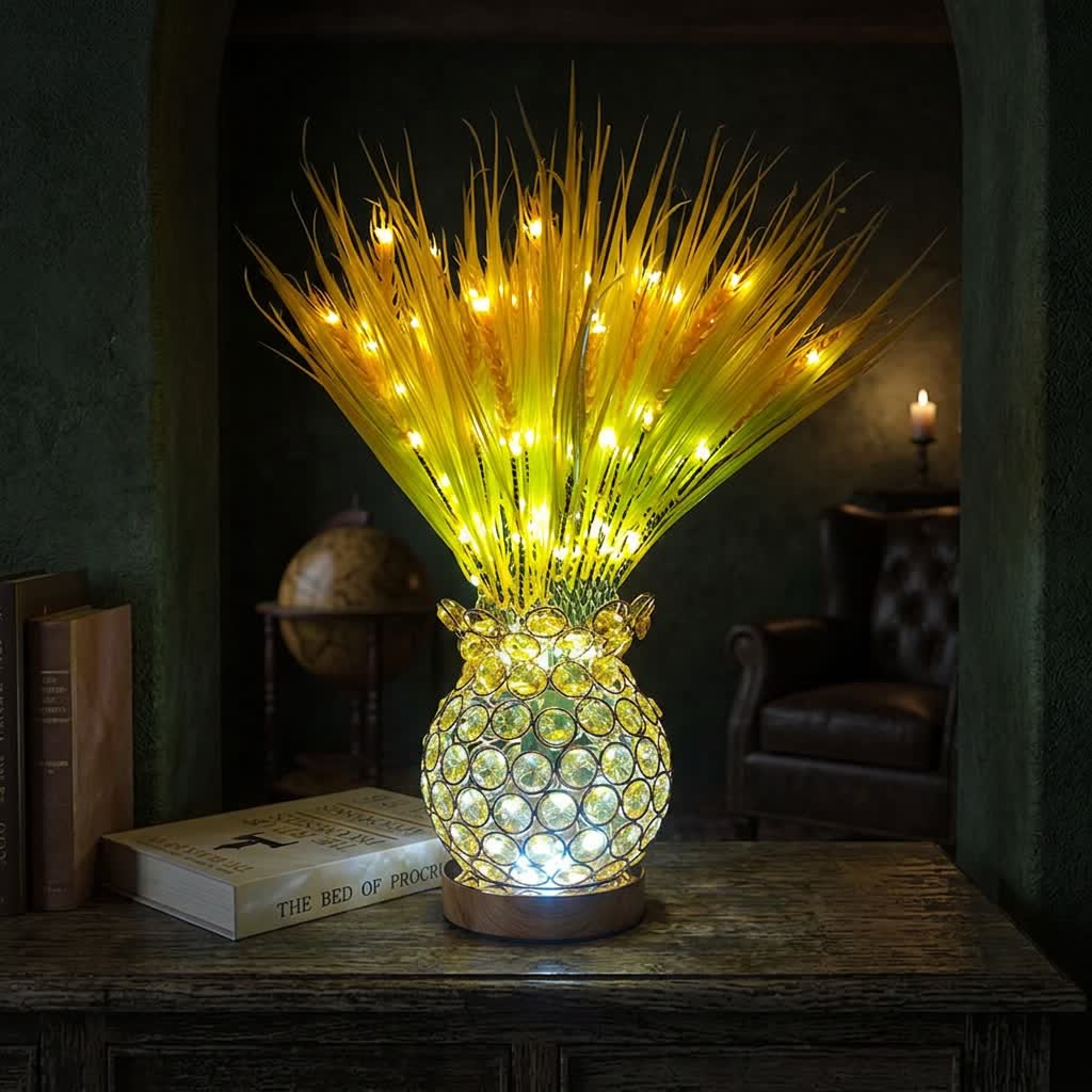 Sunlit Wheat LED Lamp With Crystal Pineapple Vase - Glowing Wheat Bouquet Table Lamp - image 5