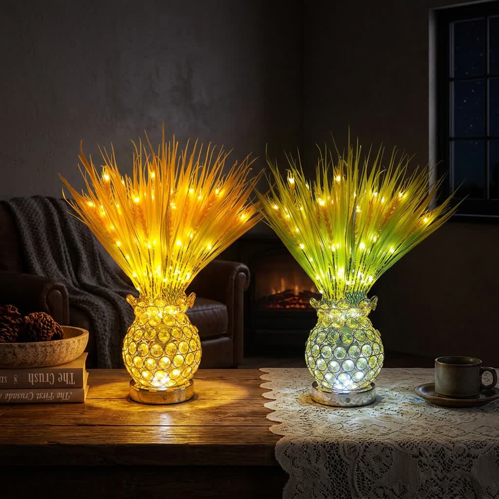 Sunlit Wheat LED Lamp With Crystal Pineapple Vase - Glowing Wheat Bouquet Table Lamp - image 1