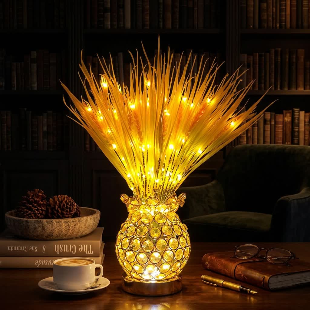 Sunlit Wheat LED Lamp With Crystal Pineapple Vase - Glowing Wheat Bouquet Table Lamp - Yellow - image 0