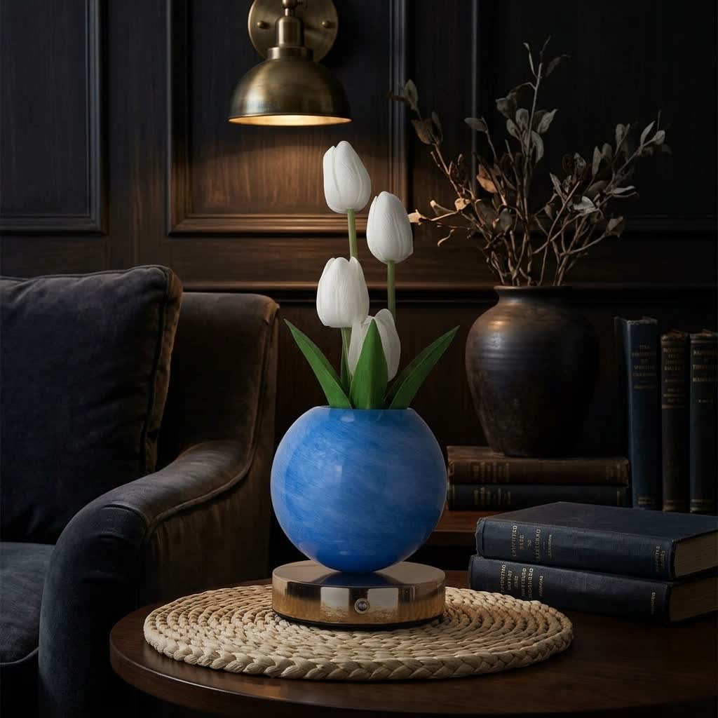 Tulip LED Night Light Decor With Glass Vase - Romantic Glowing Flower Night Light Lamp - White & Blue - image 8