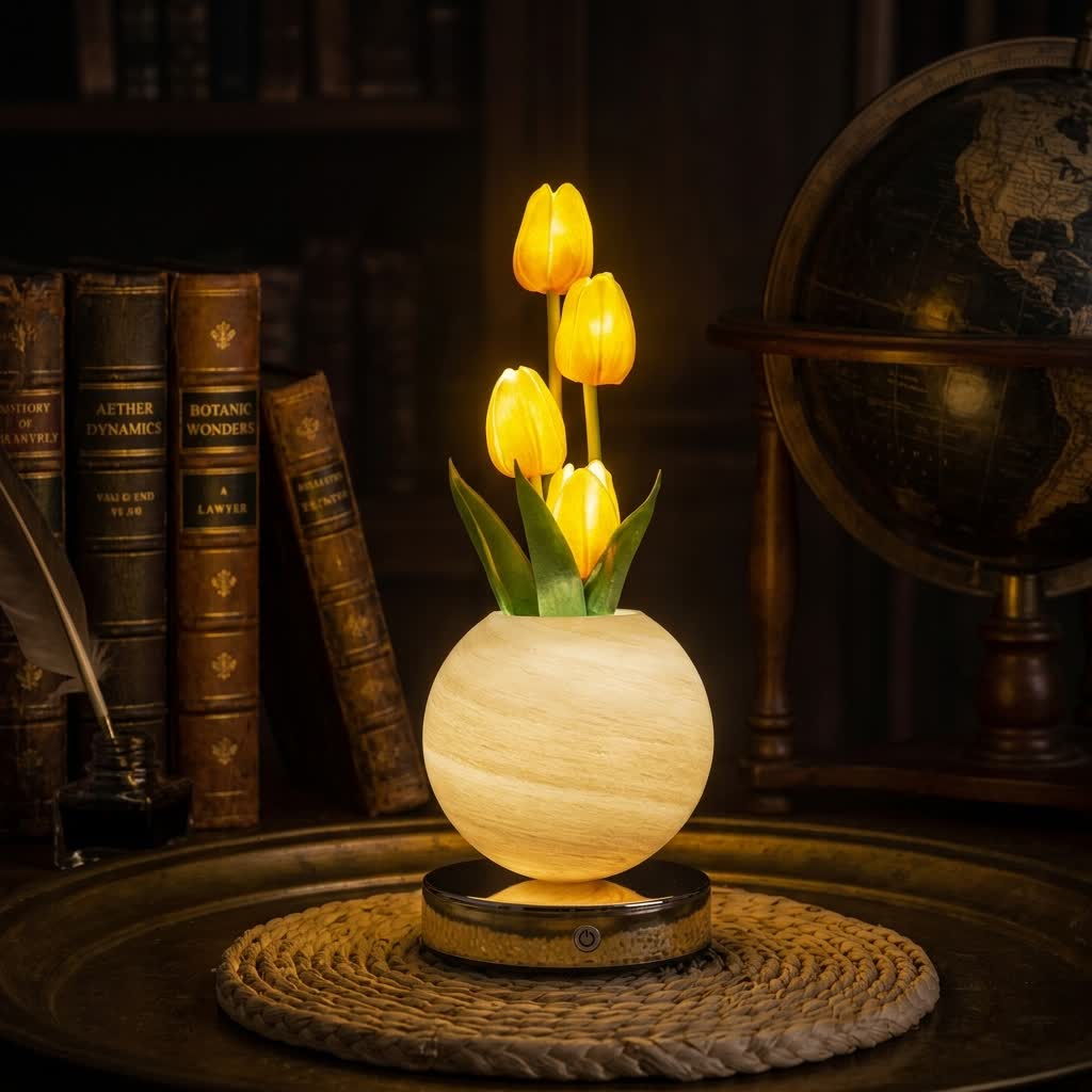 Tulip LED Night Light Decor With Glass Vase - Romantic Glowing Flower Night Light Lamp - Orange - image 0