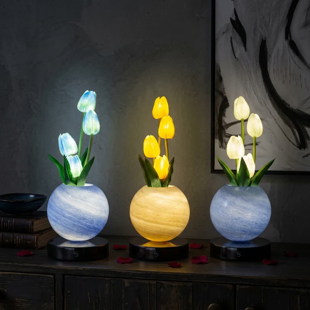 Tulip LED Night Light Decor With Glass Vase - Romantic Glowing Flower Night Light Lamp - image 2