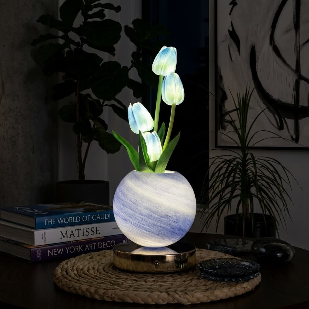 Tulip LED Night Light Decor With Glass Vase - Romantic Glowing Flower Night Light Lamp - Blue - image 3