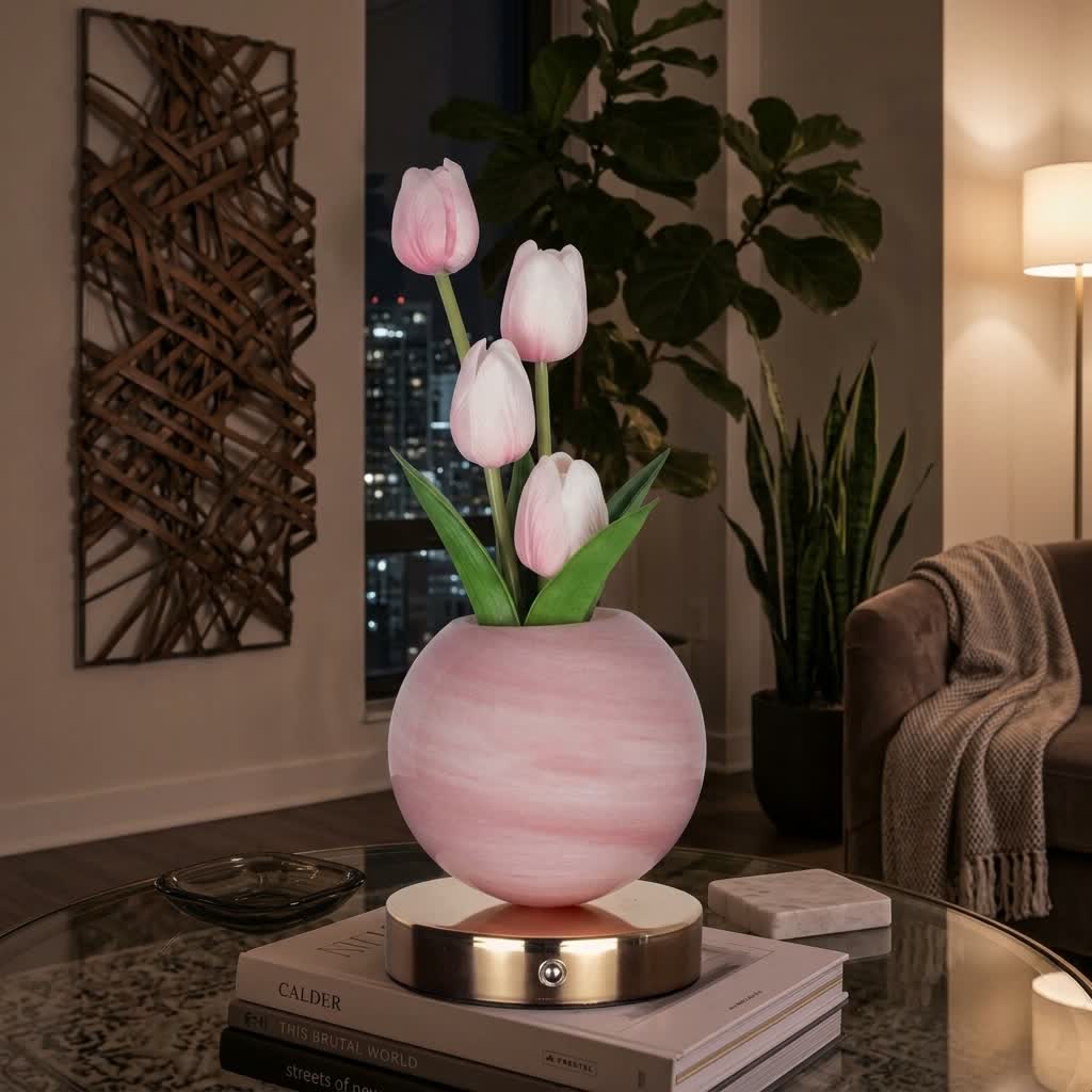 Tulip LED Night Light Decor With Glass Vase - Romantic Glowing Flower Night Light Lamp - Pink - image 5