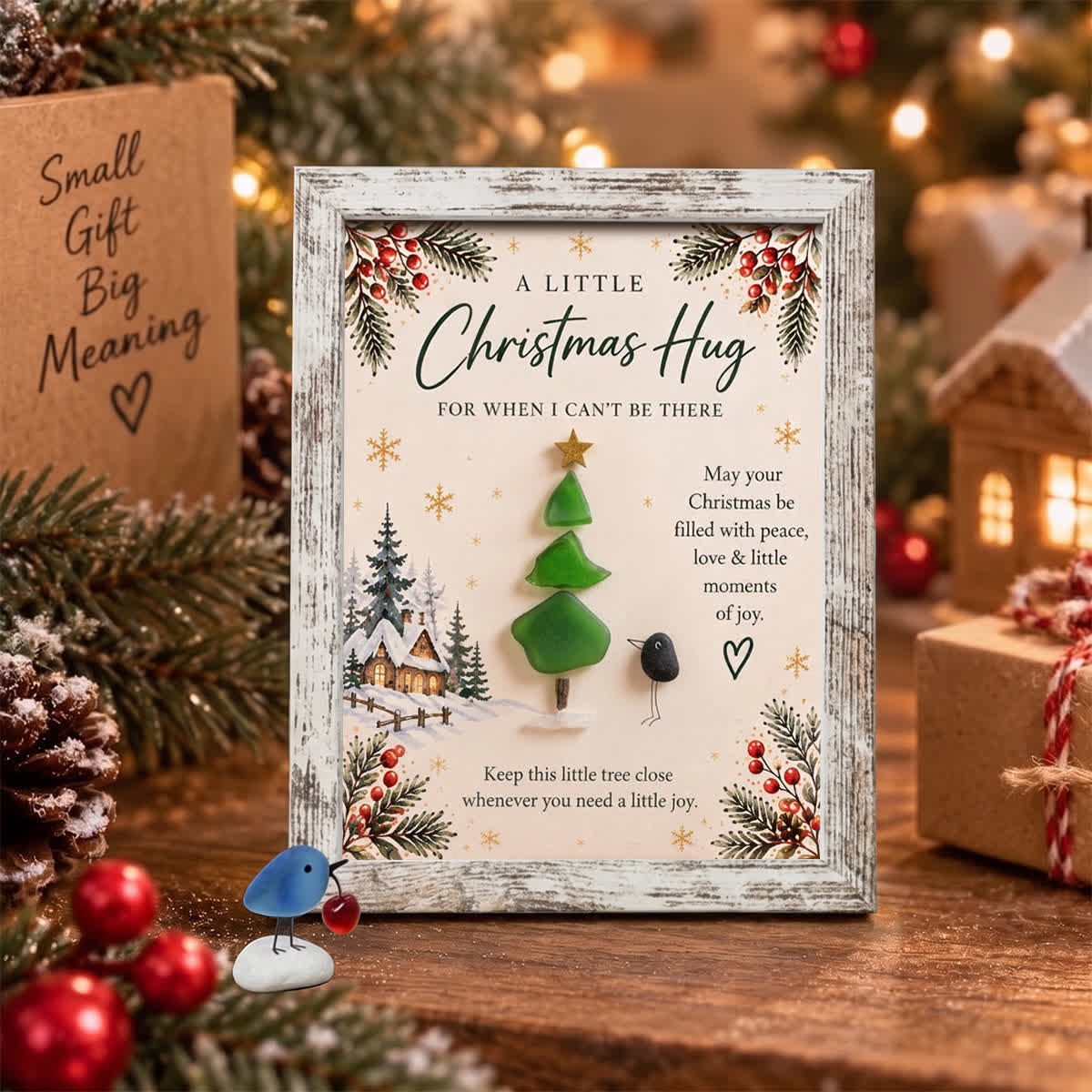 A Little Christmas Hug Tree & Bird Sea Glass Framed Art - Retro White - 8" X 6" - image 0