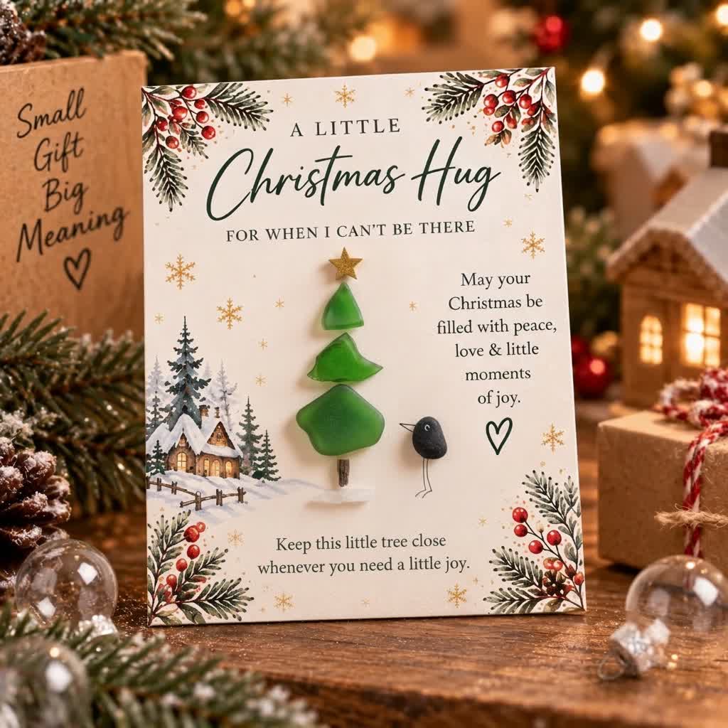A Little Christmas Hug Tree & Bird Sea Glass Framed Art - Seaglass Card - 8" X 6" - image 1