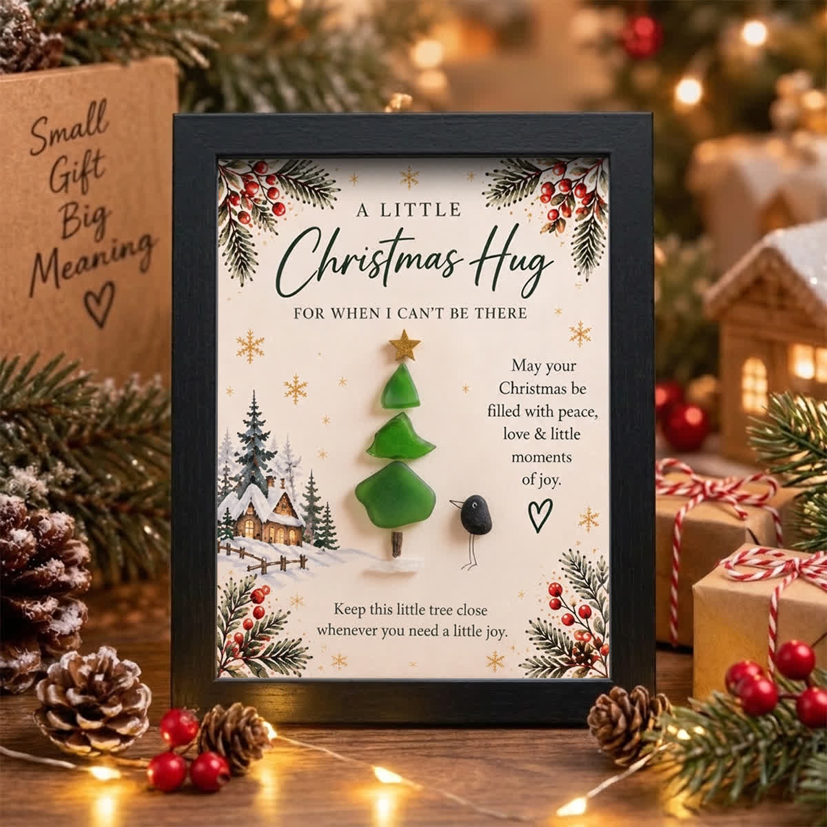 A Little Christmas Hug Tree & Bird Sea Glass Framed Art - Black - 8" X 6" - image 4