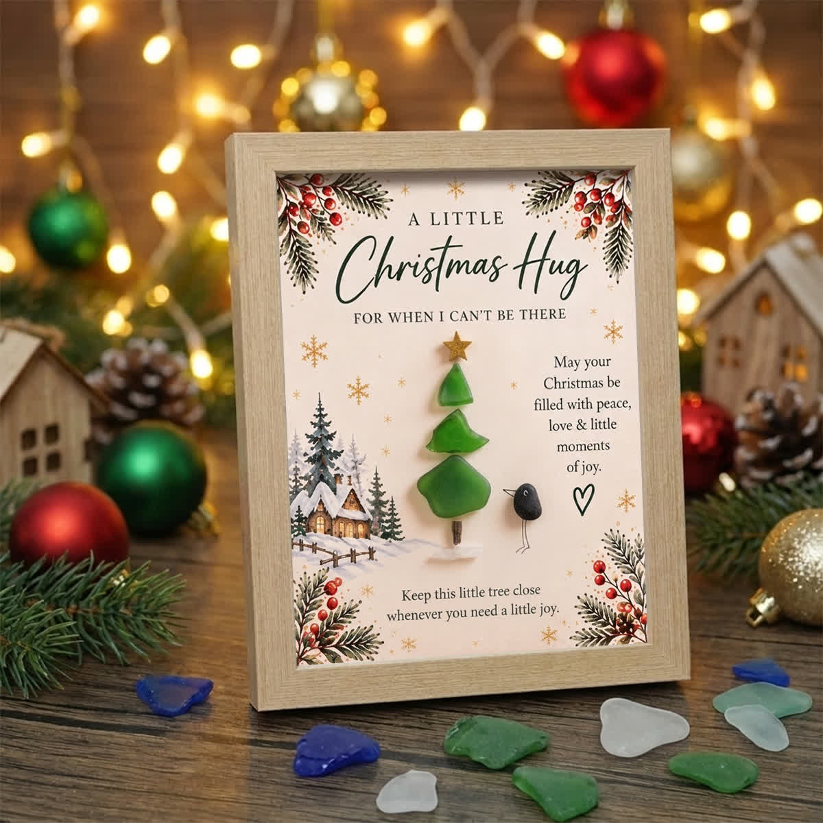 A Little Christmas Hug Tree & Bird Sea Glass Framed Art - Oak - 8" X 6" - image 2