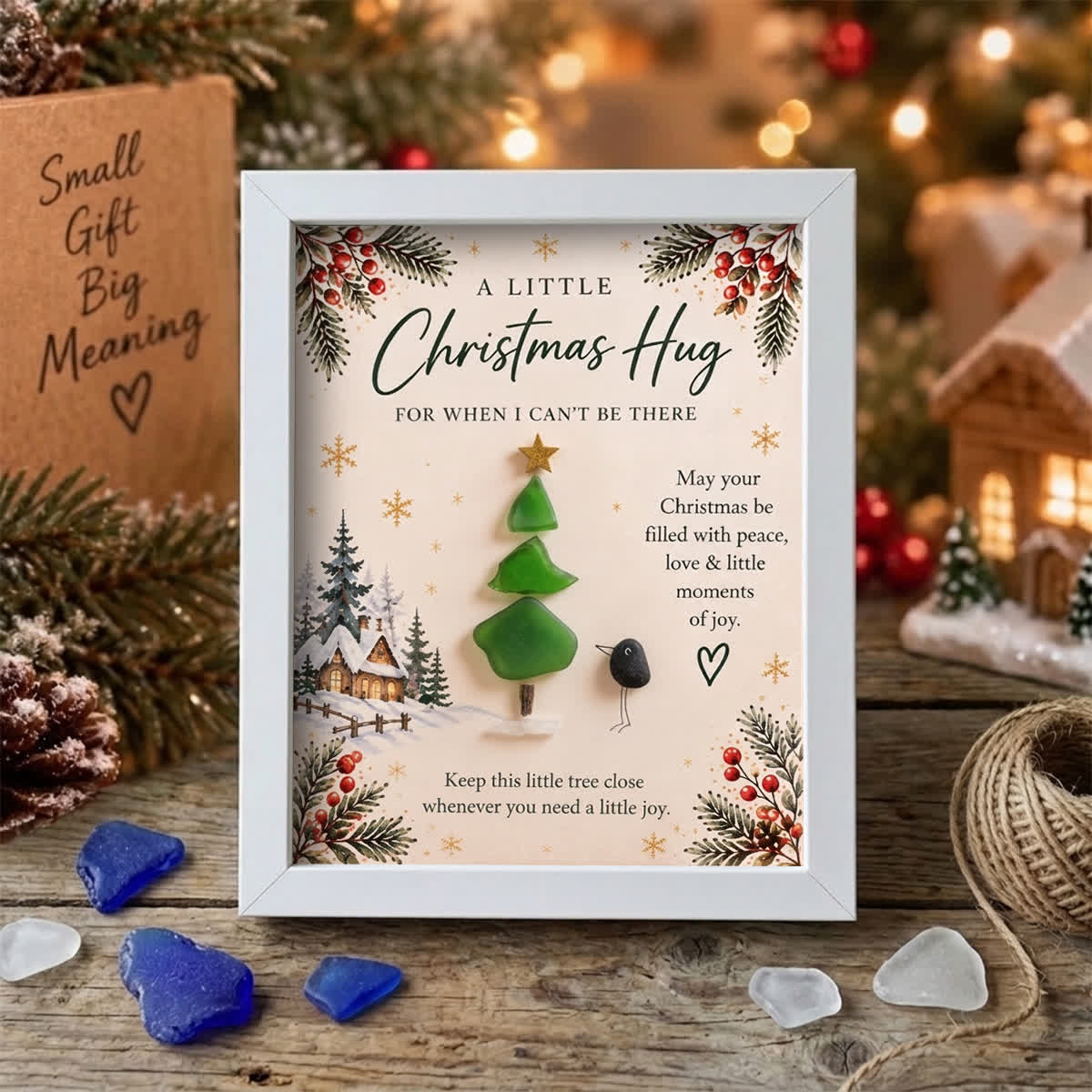 A Little Christmas Hug Tree & Bird Sea Glass Framed Art - White - 8" X 6" - image 5