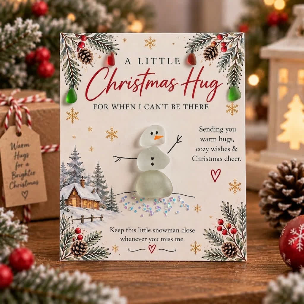 Sending You Warm Hugs & Christmas Cheer Snowman Sea Glass Framed Art - Seaglass Card - 8" X 6" - image 1