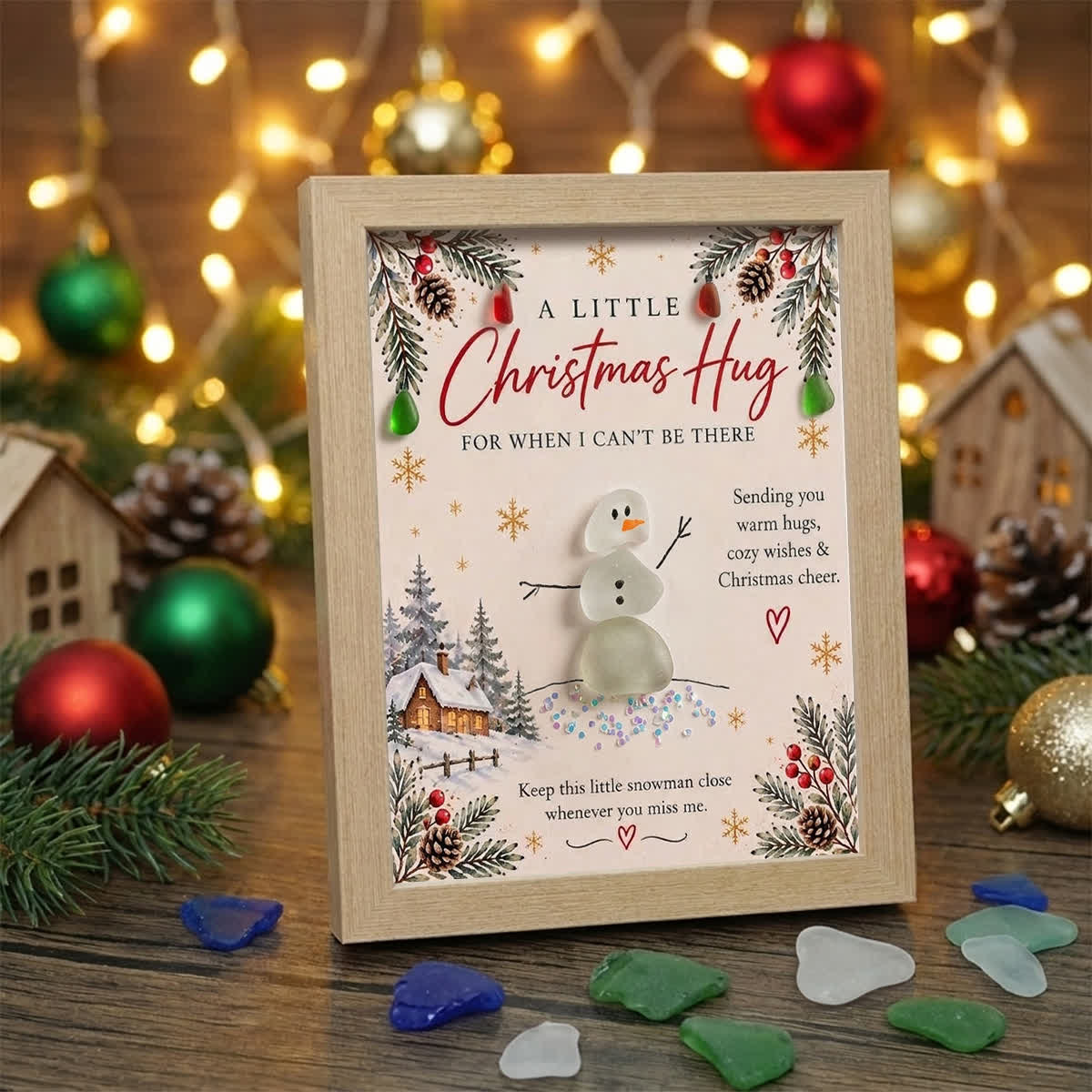 Sending You Warm Hugs & Christmas Cheer Snowman Sea Glass Framed Art - Oak - 8" X 6" - image 2