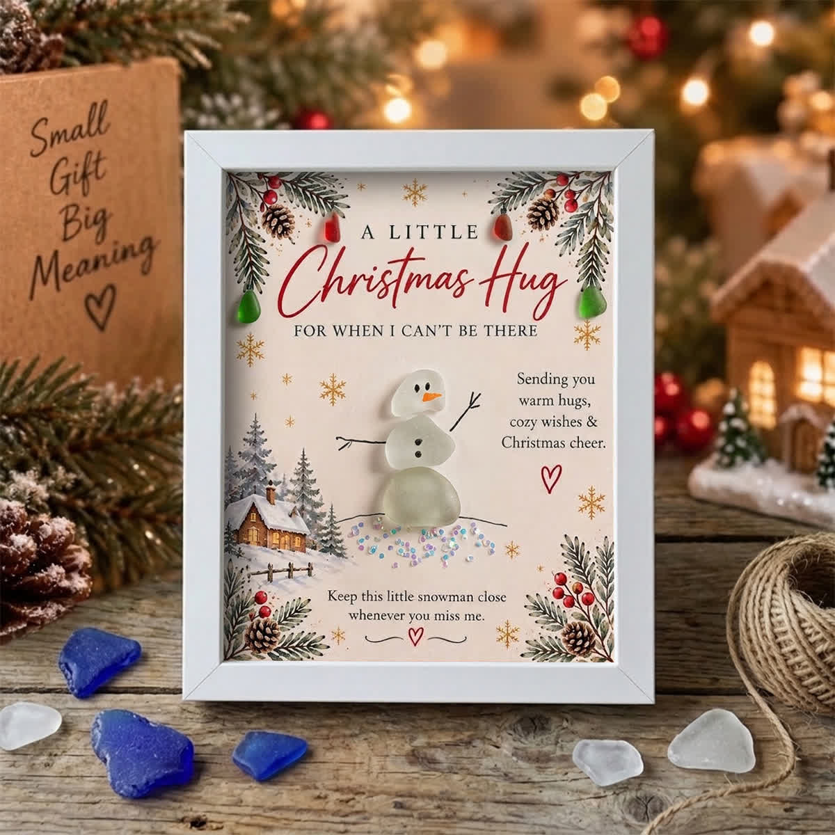 Sending You Warm Hugs & Christmas Cheer Snowman Sea Glass Framed Art - White - 8" X 6" - image 4
