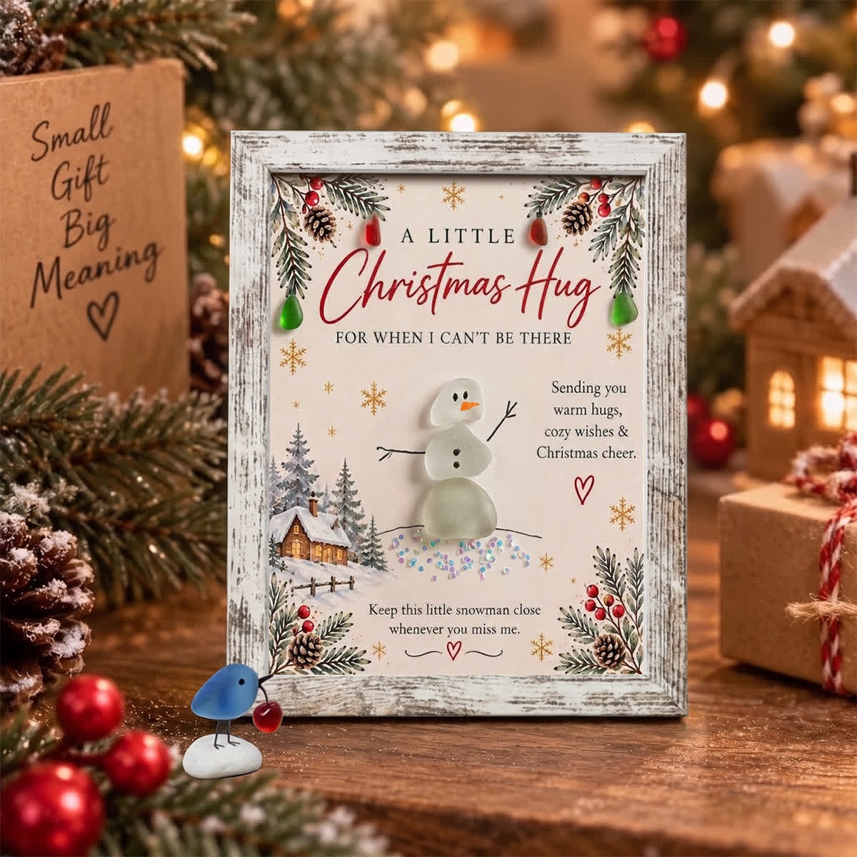 Sending You Warm Hugs & Christmas Cheer Snowman Sea Glass Framed Art - Retro White - 8" X 6" - image 5