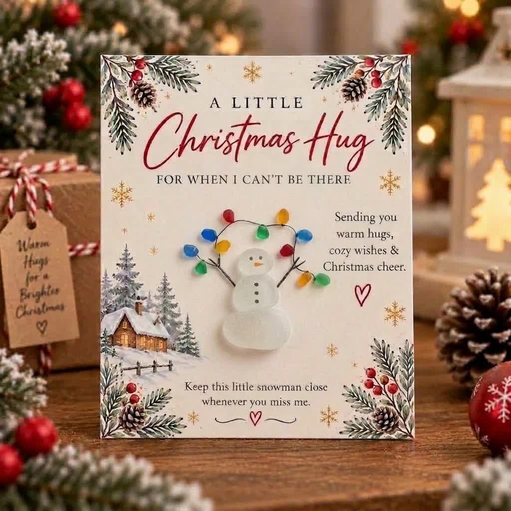 A Little Christmas Hug Snowman Holding Lights Sea Glass Framed Art - Seaglass Card - 8" X 6" - image 1