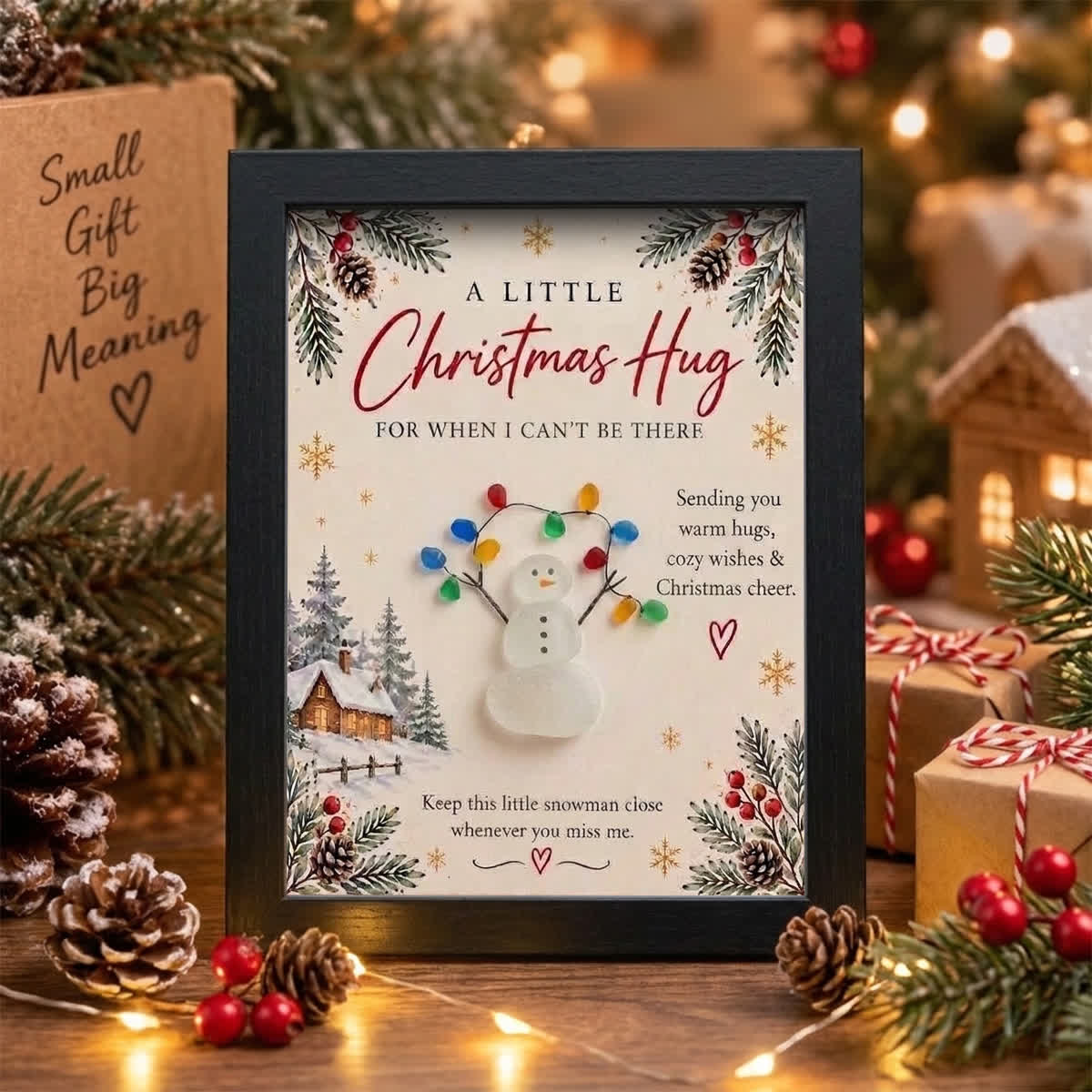 A Little Christmas Hug Snowman Holding Lights Sea Glass Framed Art - Black - 8" X 6" - image 3