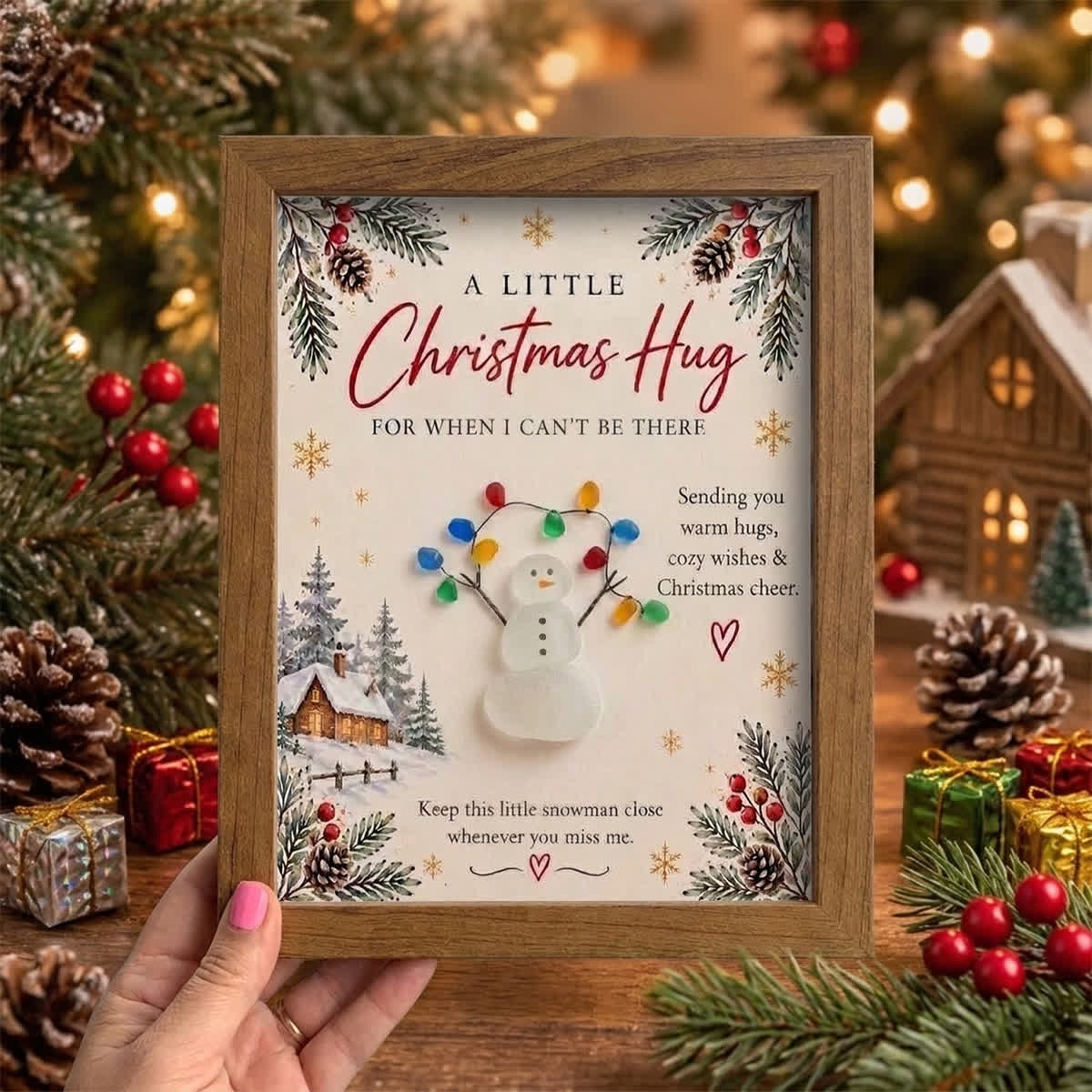 A Little Christmas Hug Snowman Holding Lights Sea Glass Framed Art - Walnut Brown - 8" X 6" - image 0