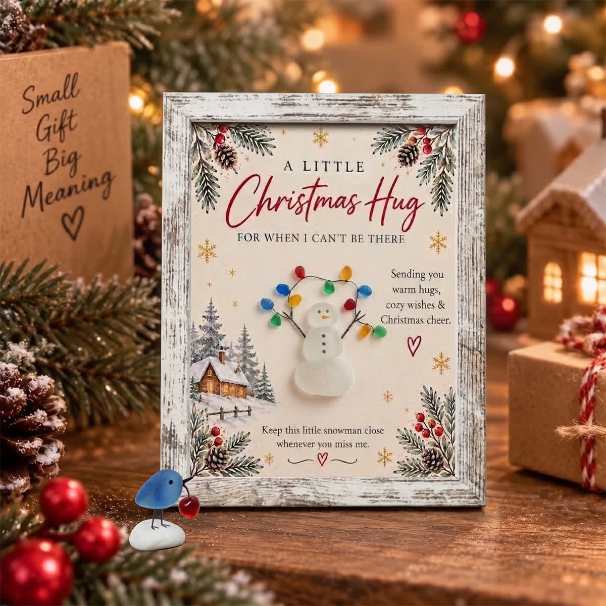 A Little Christmas Hug Snowman Holding Lights Sea Glass Framed Art - Retro White - 8" X 6" - image 5