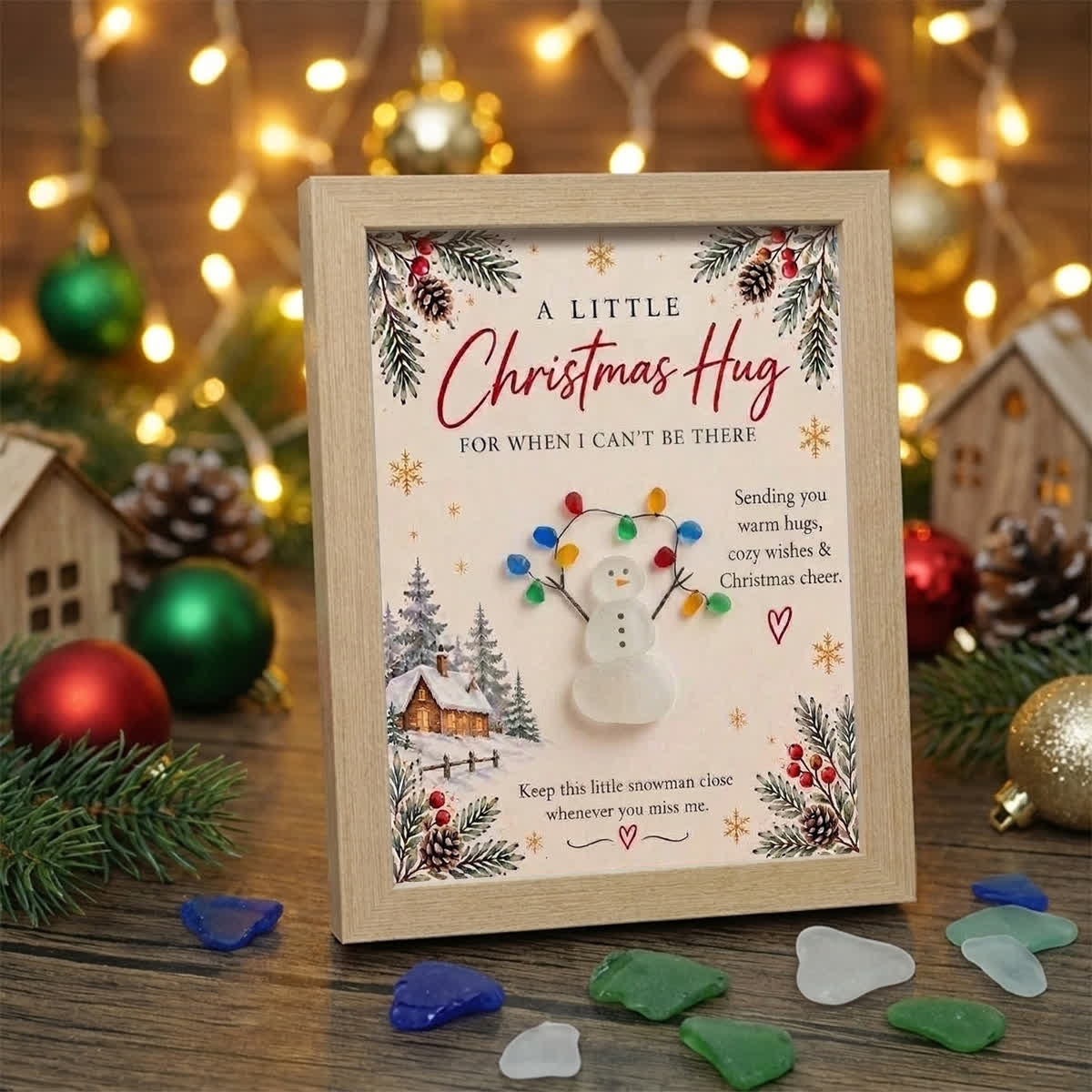 A Little Christmas Hug Snowman Holding Lights Sea Glass Framed Art - Oak - 8" X 6" - image 2