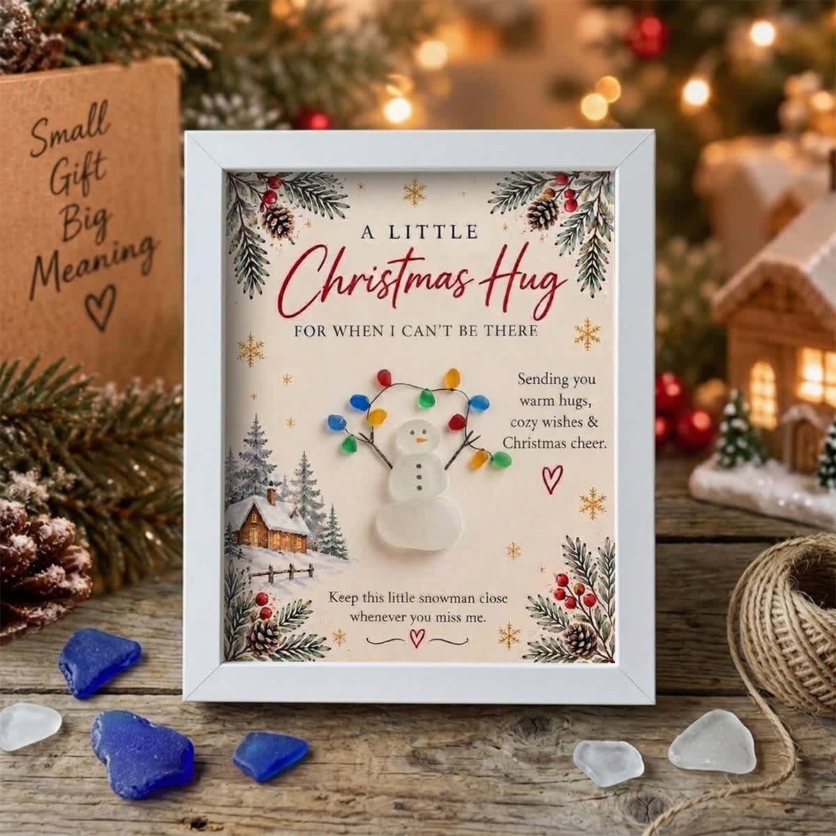 A Little Christmas Hug Snowman Holding Lights Sea Glass Framed Art - White - 8" X 6" - image 4