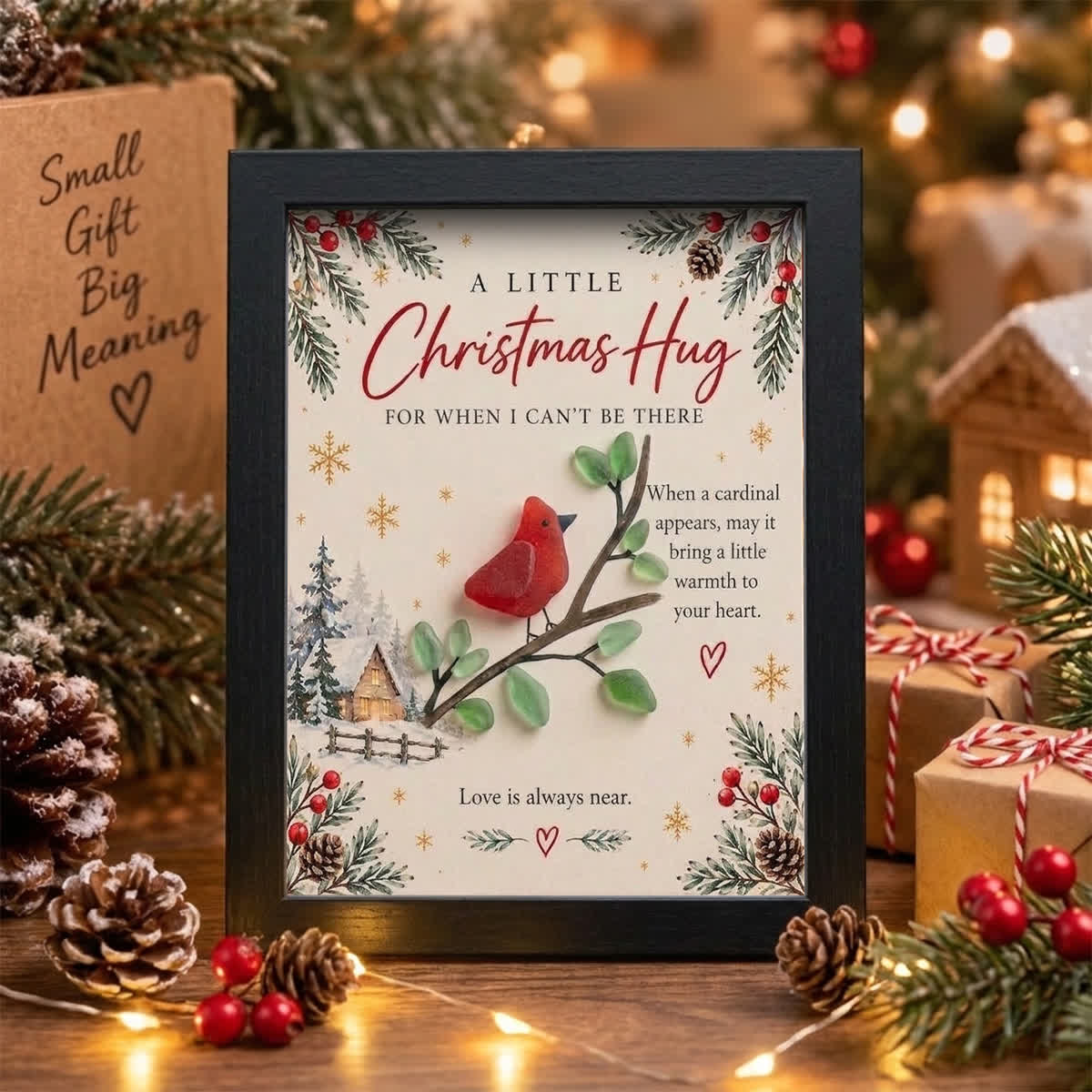 Cardinal On The Green Branch Christmas Hug Sea Glass Framed Art - Black - 8" X 6" - image 0