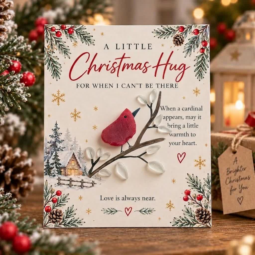 White Washed Cardinal A Little Christmas Hug Sea Glass Framed Art - Seaglass Card - 8" X 6" - image 1