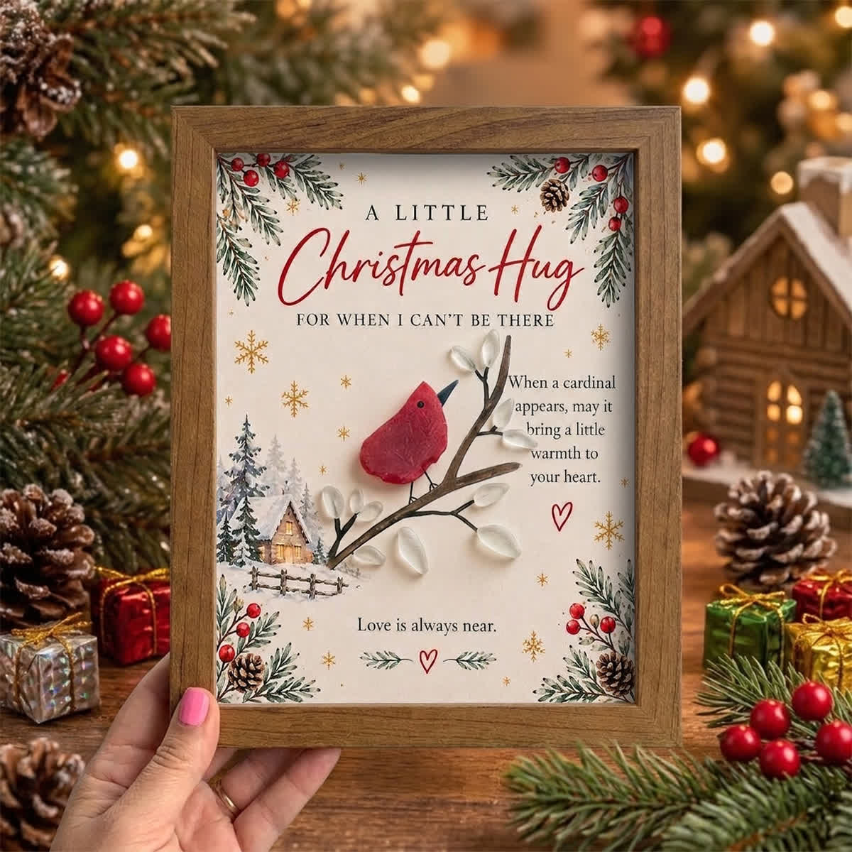 White Washed Cardinal A Little Christmas Hug Sea Glass Framed Art - Walnut Brown - 8" X 6" - image 3