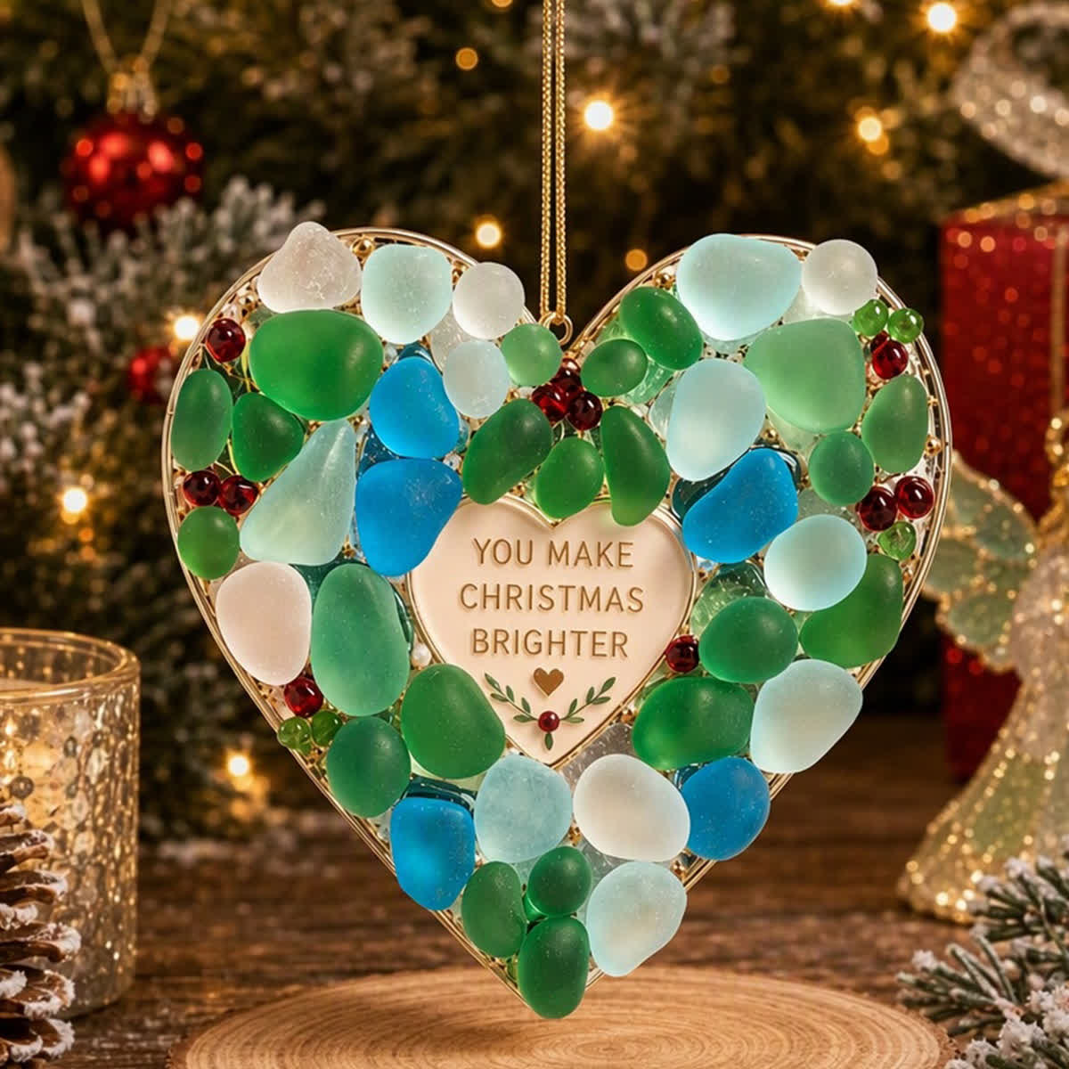 Joy | Love | Light Christmas Handcrafted Sea Glass Hanging Ornament - Heart - Approx. 3.94" x 3.94" - image 8