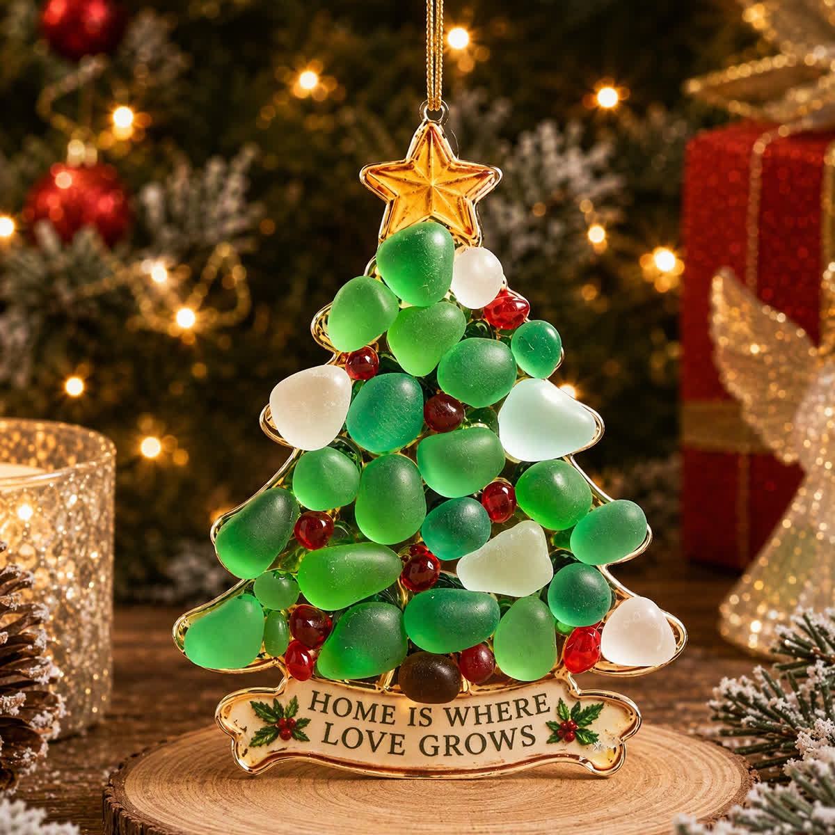 Joy | Love | Light Christmas Handcrafted Sea Glass Hanging Ornament - Christmas Tree - Approx. 3.94" x 3.94" - image 5