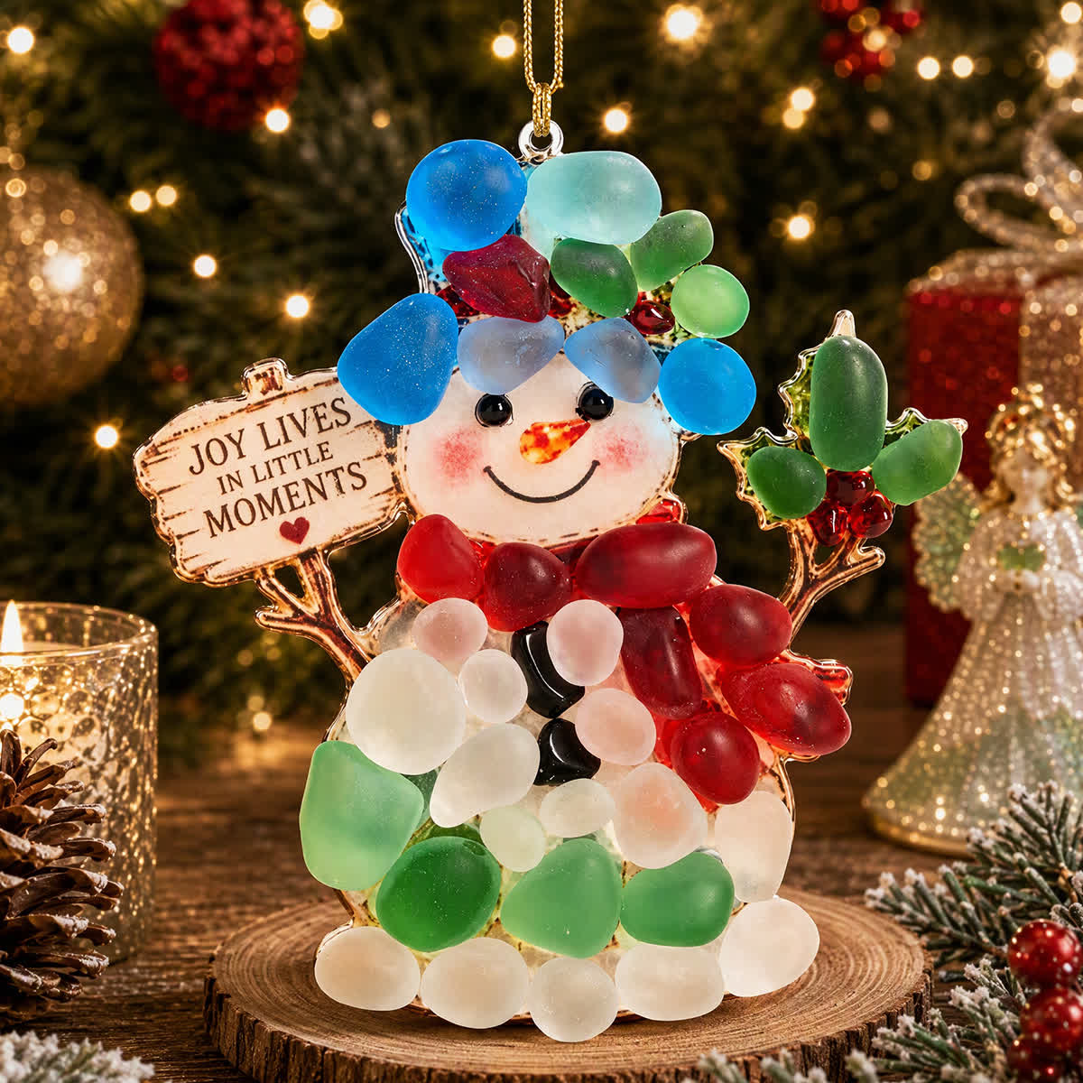 Joy | Love | Light Christmas Handcrafted Sea Glass Hanging Ornament - Snowman - Approx. 3.94" x 3.94" - image 2