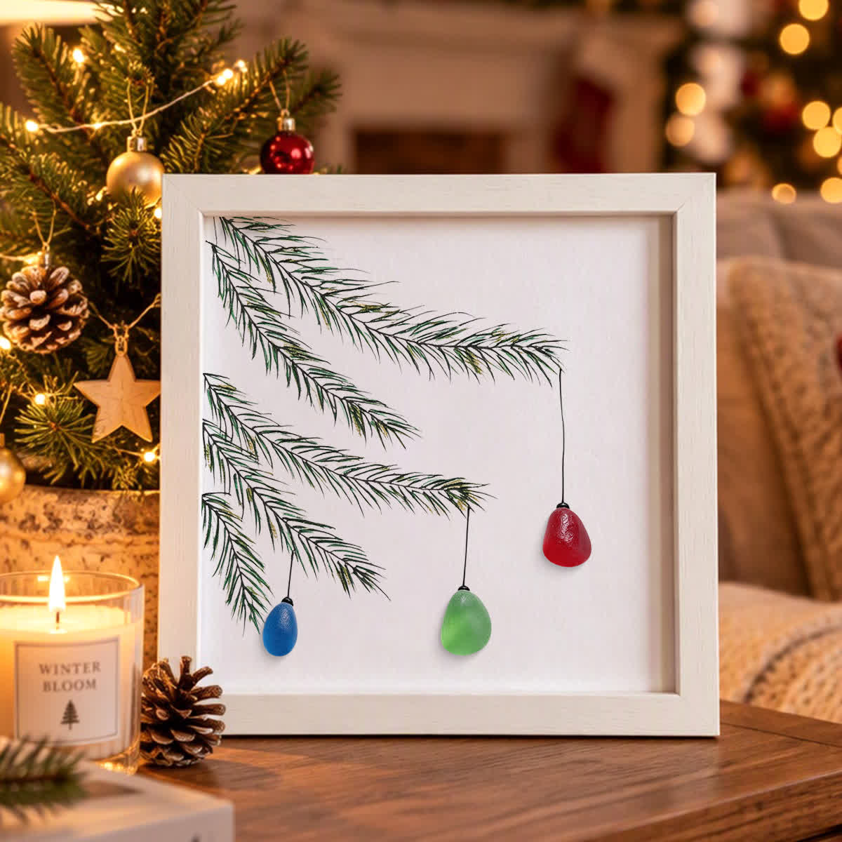 Little Christmas Lights Heartwarming Handmade Sea Glass Framed Art - White - 8" X 8" - image 3