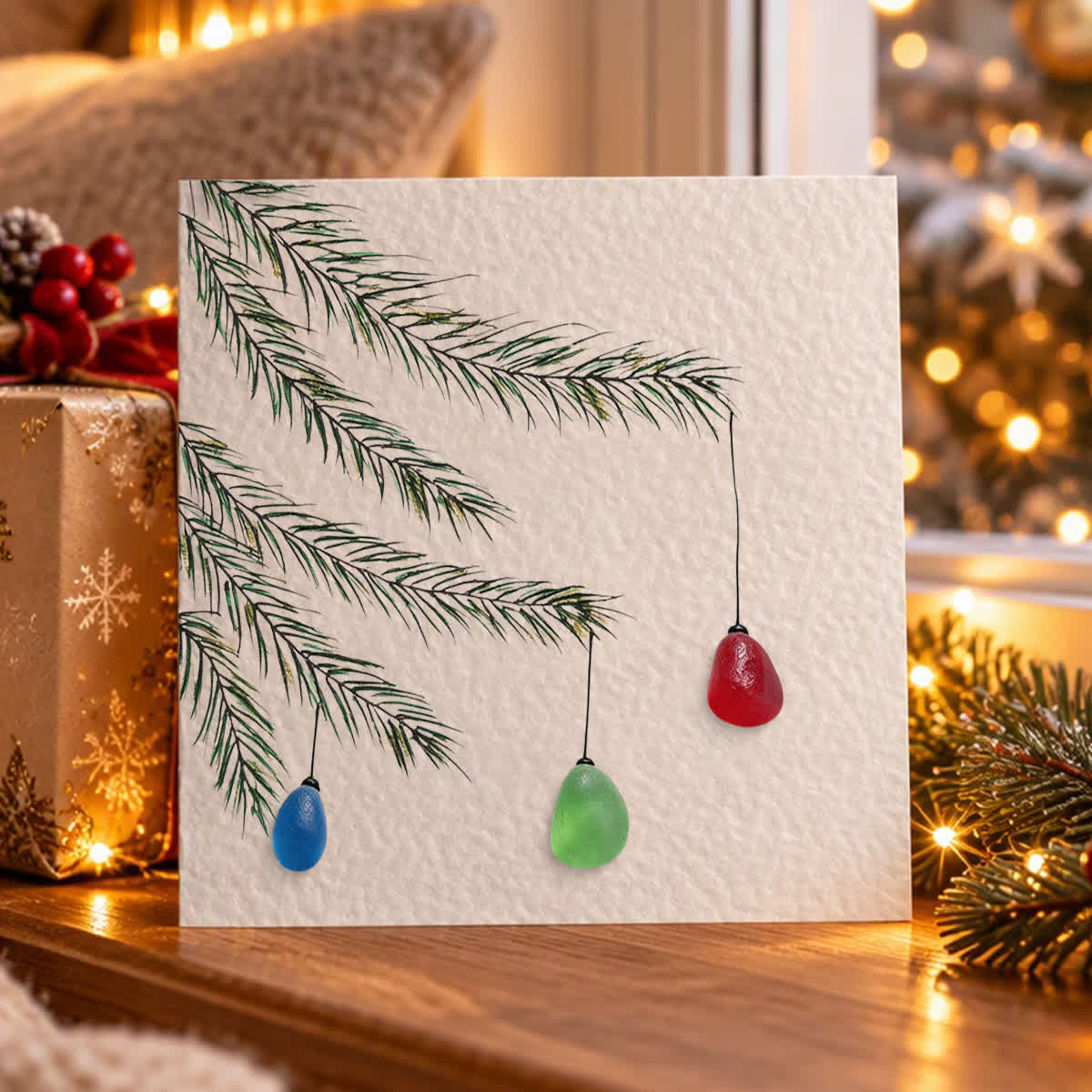 Little Christmas Lights Heartwarming Handmade Sea Glass Framed Art - Seaglass Card - 8" X 8" - image 1
