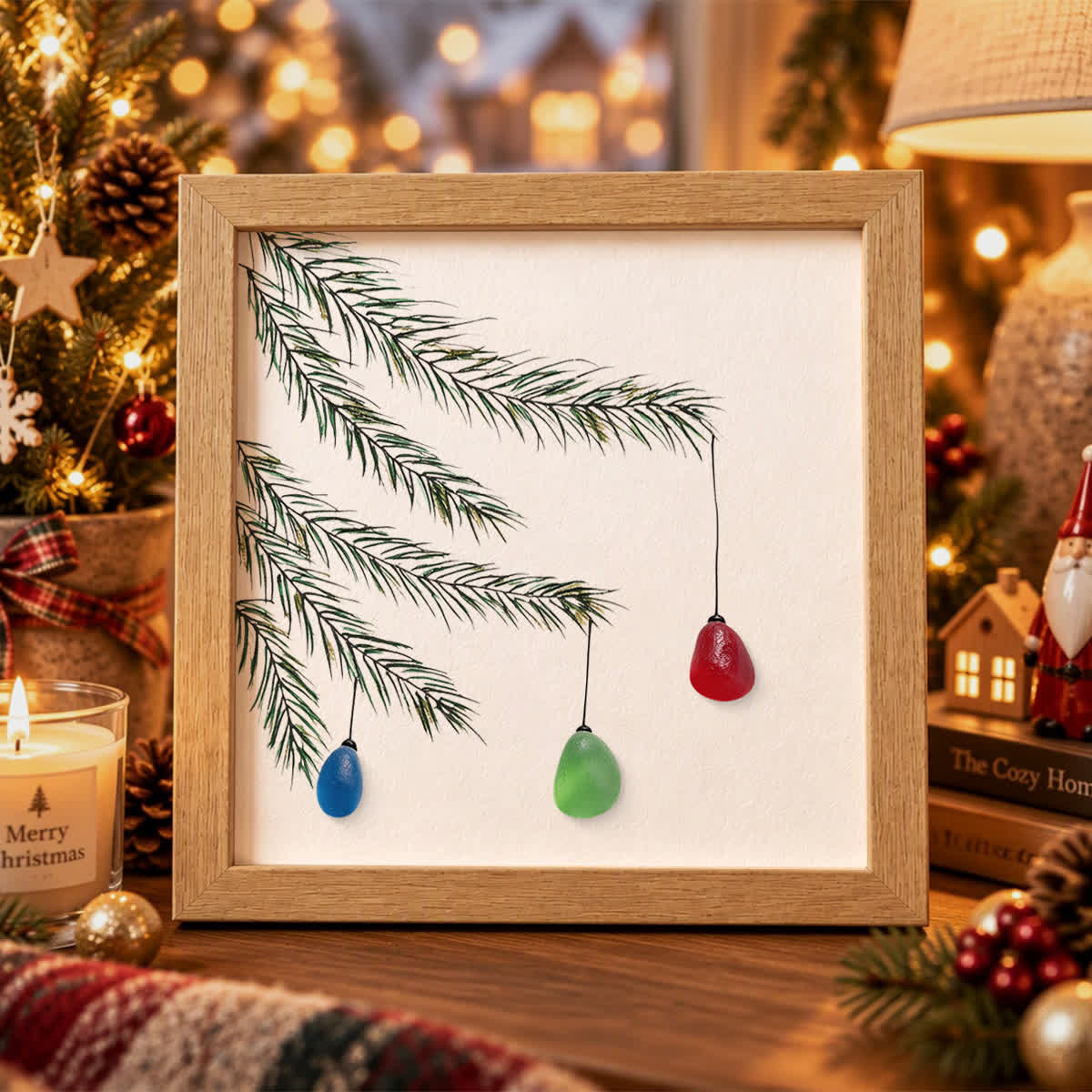 Little Christmas Lights Heartwarming Handmade Sea Glass Framed Art - Oak - 8" X 8" - image 0