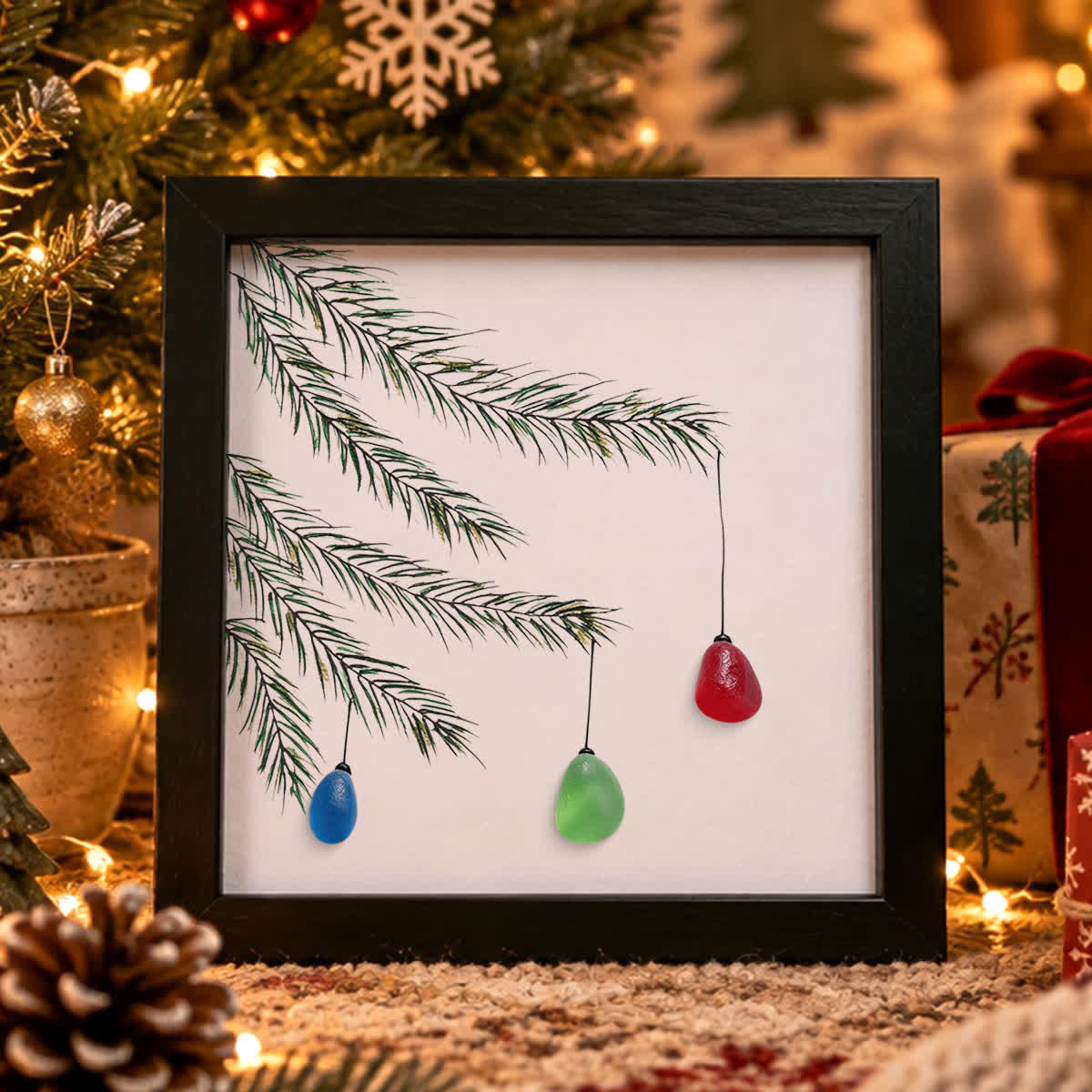 Little Christmas Lights Heartwarming Handmade Sea Glass Framed Art - Black - 8" X 8" - image 2