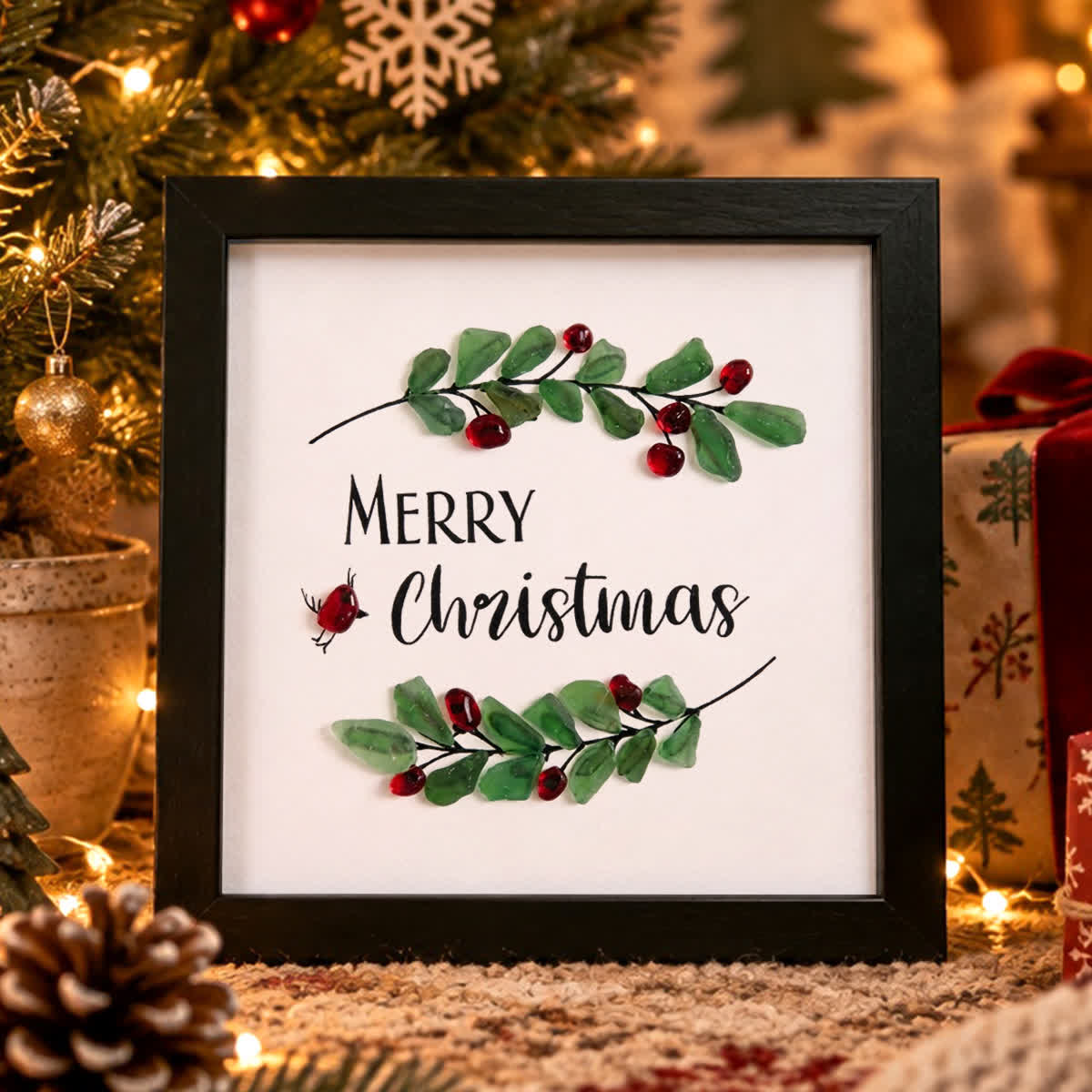 Merry Christmas Holly Wreath Sea Glass Framed Art - Black - 8" X 8" - image 0