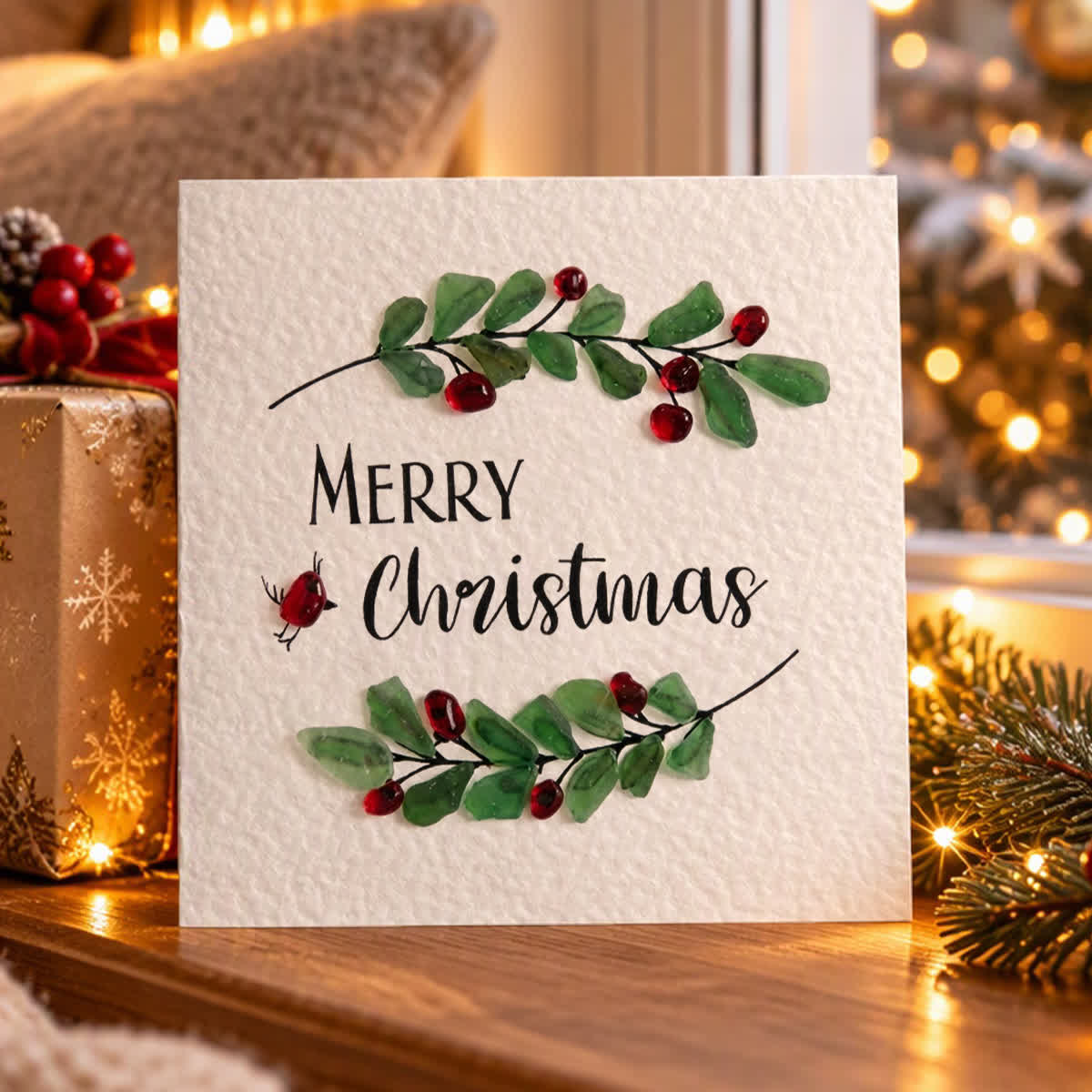 Merry Christmas Holly Wreath Sea Glass Framed Art - Seaglass Card - 8" X 8" - image 1