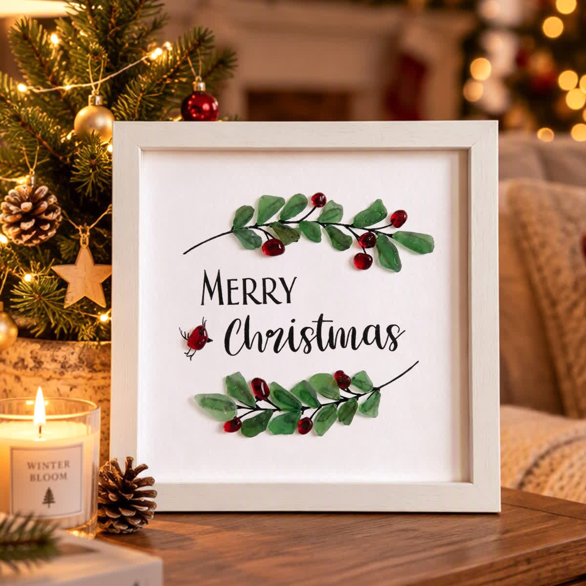 Merry Christmas Holly Wreath Sea Glass Framed Art - White - 8" X 8" - image 3