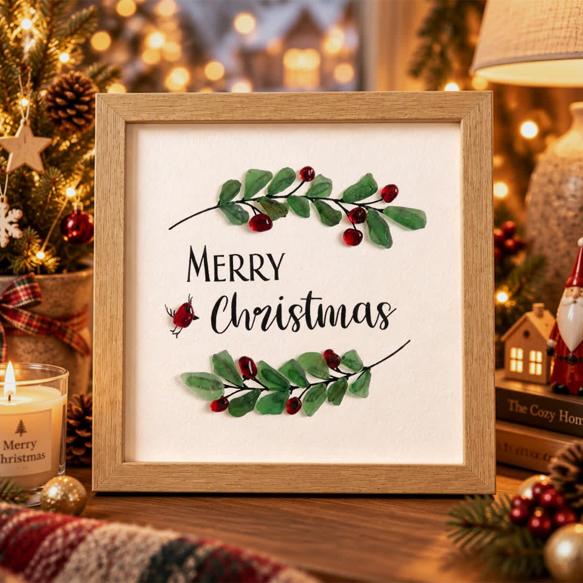 Merry Christmas Holly Wreath Sea Glass Framed Art - Oak - 8" X 8" - image 2
