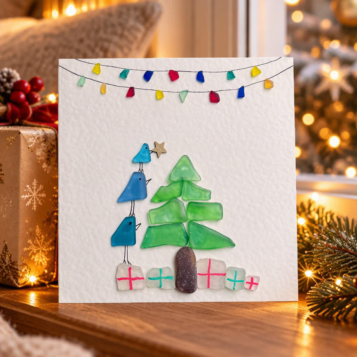 Blue Bird & Christmas Tree Holida Sea Glass Framed Art - Seaglass Card - 8" X 8" - image 1