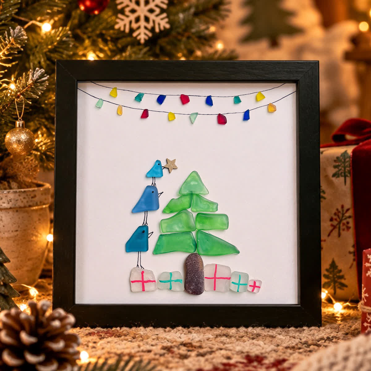 Blue Bird & Christmas Tree Holida Sea Glass Framed Art - Black - 8" X 8" - image 3