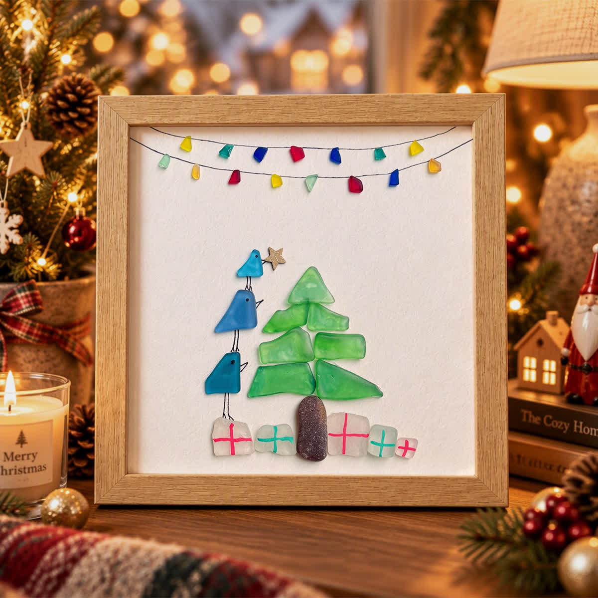 Blue Bird & Christmas Tree Holida Sea Glass Framed Art - Oak - 8" X 8" - image 2