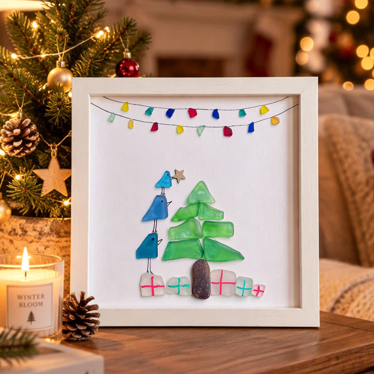Blue Bird & Christmas Tree Holida Sea Glass Framed Art - White - 8" X 8" - image 0